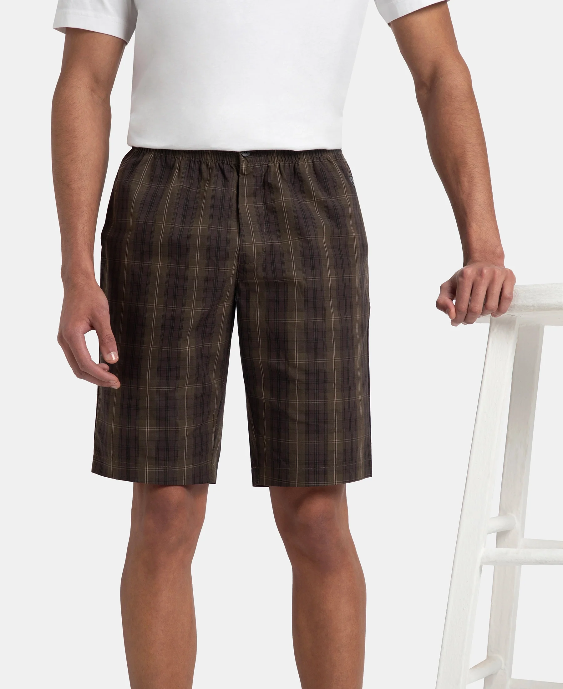 Super Combed Mercerized Cotton Woven Fabric Regular Fit Checkered Bermuda with Side Pockets - Olive Black - Image 5