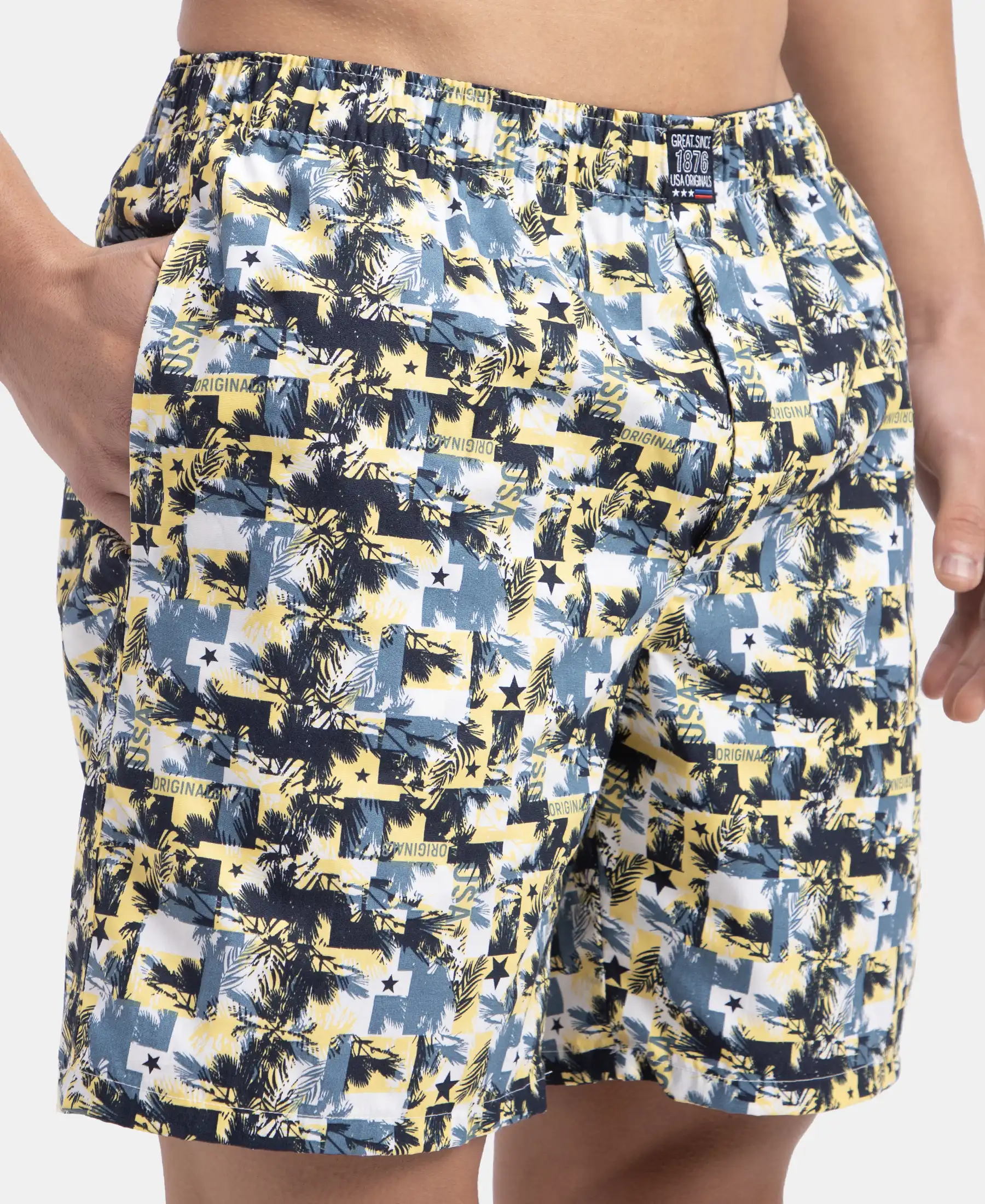 Super Combed Mercerized Cotton Woven Printed Boxer Shorts with Side Pockets - Blue Heaven & White (Pack of 2) - Image 11
