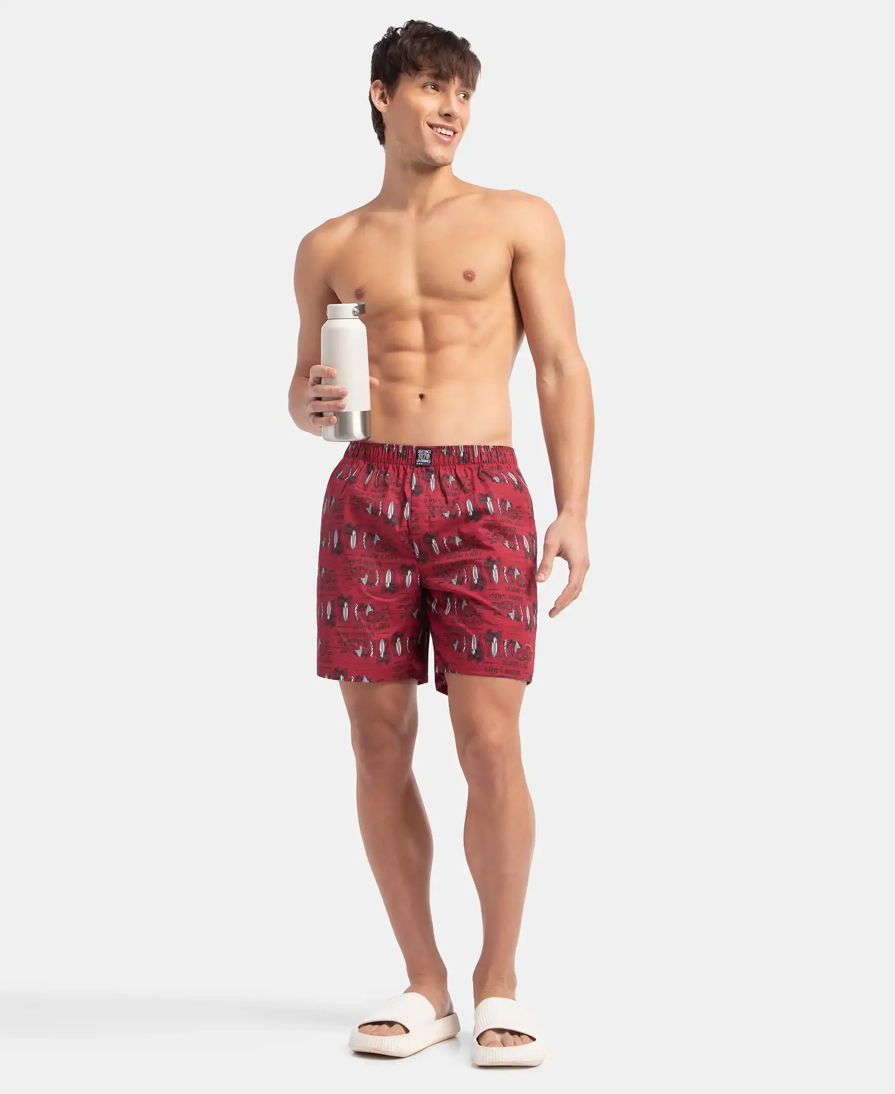 Super Combed Mercerized Cotton Woven Printed Boxer Shorts with Side Pockets - Karanda Red - Image 3