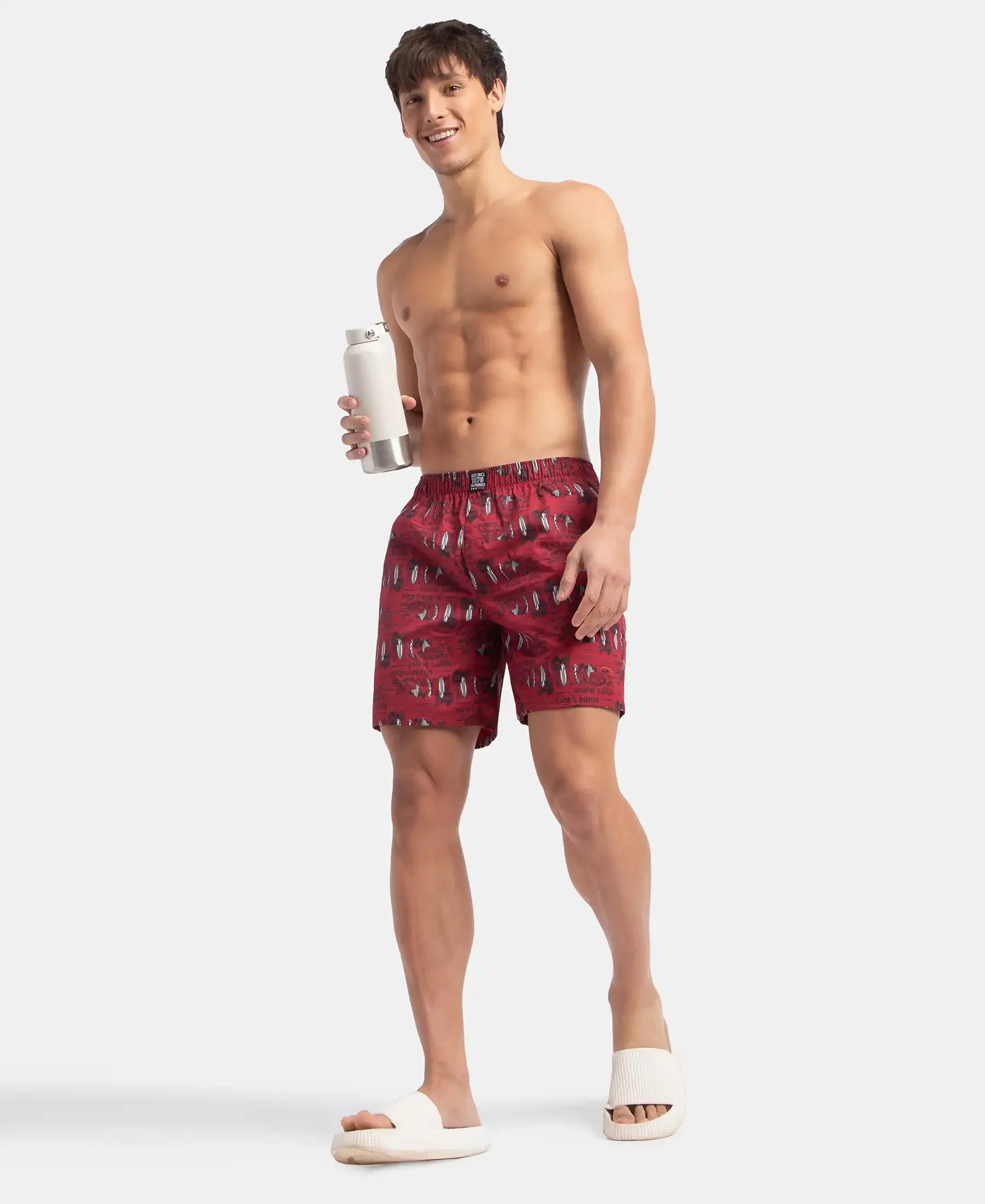 Super Combed Mercerized Cotton Woven Printed Boxer Shorts with Side Pockets - Karanda Red - Image 6