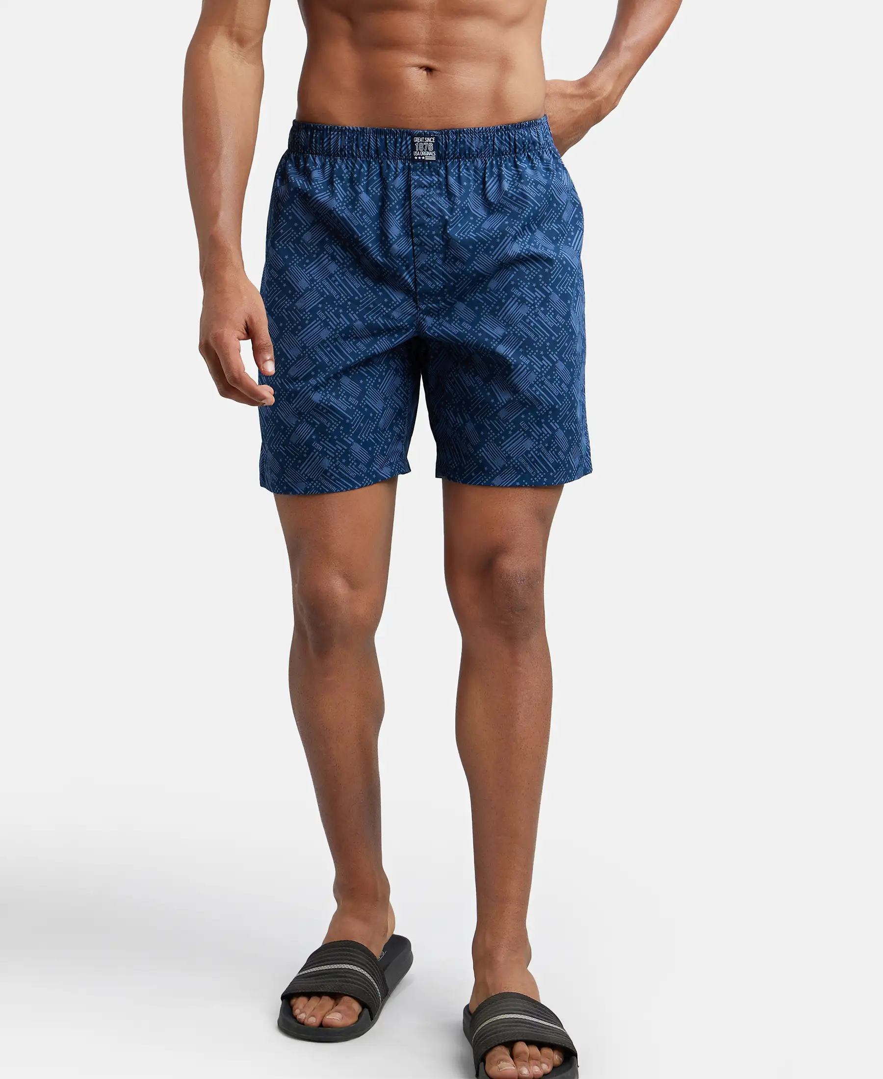 Super Combed Mercerized Cotton Woven Printed Boxer Shorts with Side Pockets - Navy Brick Red (Pack of 2) - Image 14