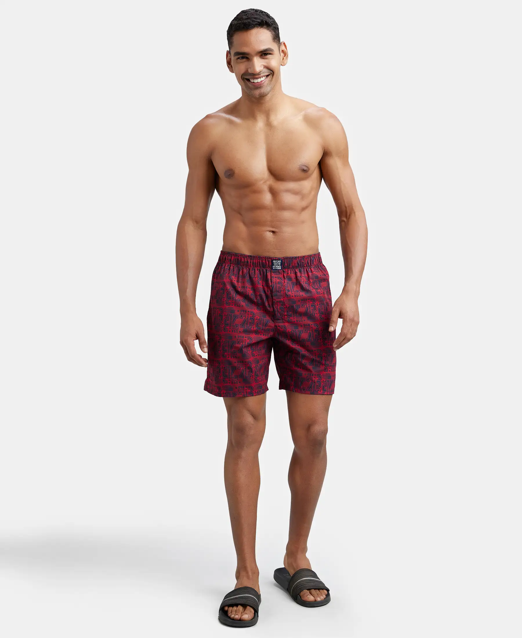 Super Combed Mercerized Cotton Woven Printed Boxer Shorts with Side Pockets - Navy Brick Red (Pack of 2) - Image 8