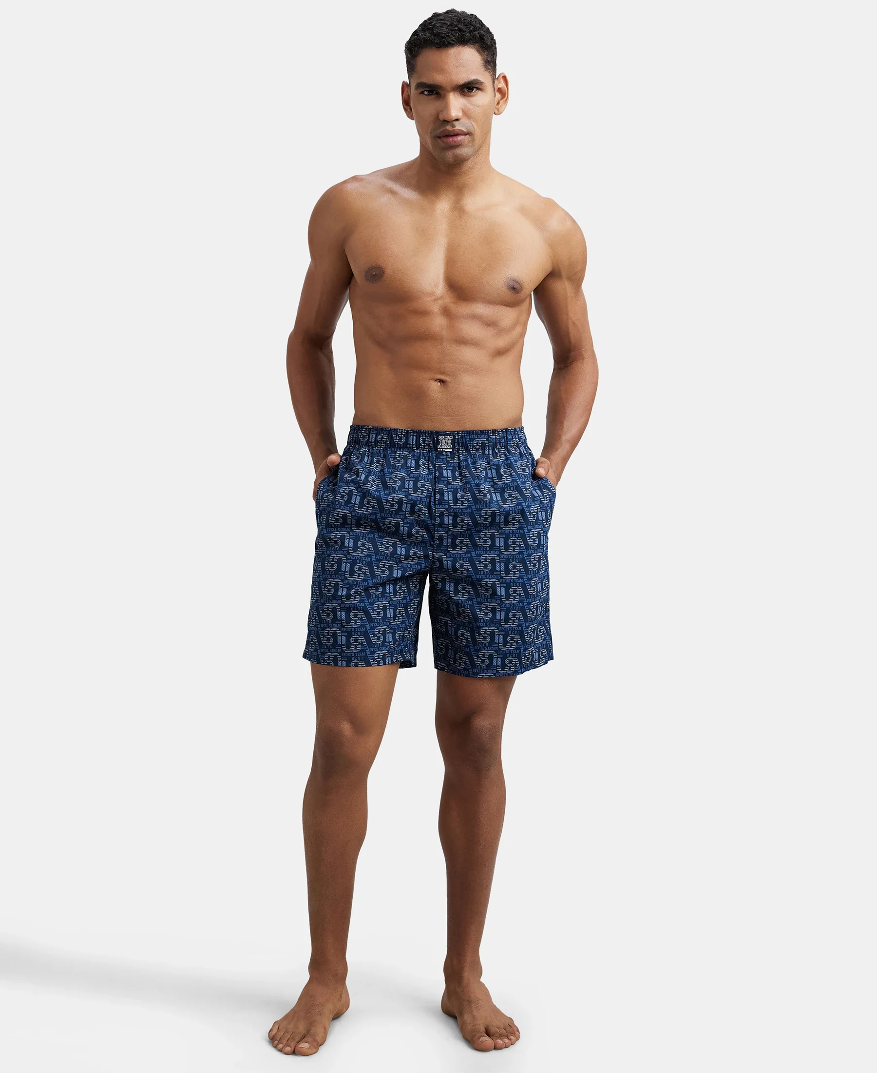 Super Combed Mercerized Cotton Woven Printed Boxer Shorts with Side Pockets - Navy & Nickel (Pack of 2) - Image 16