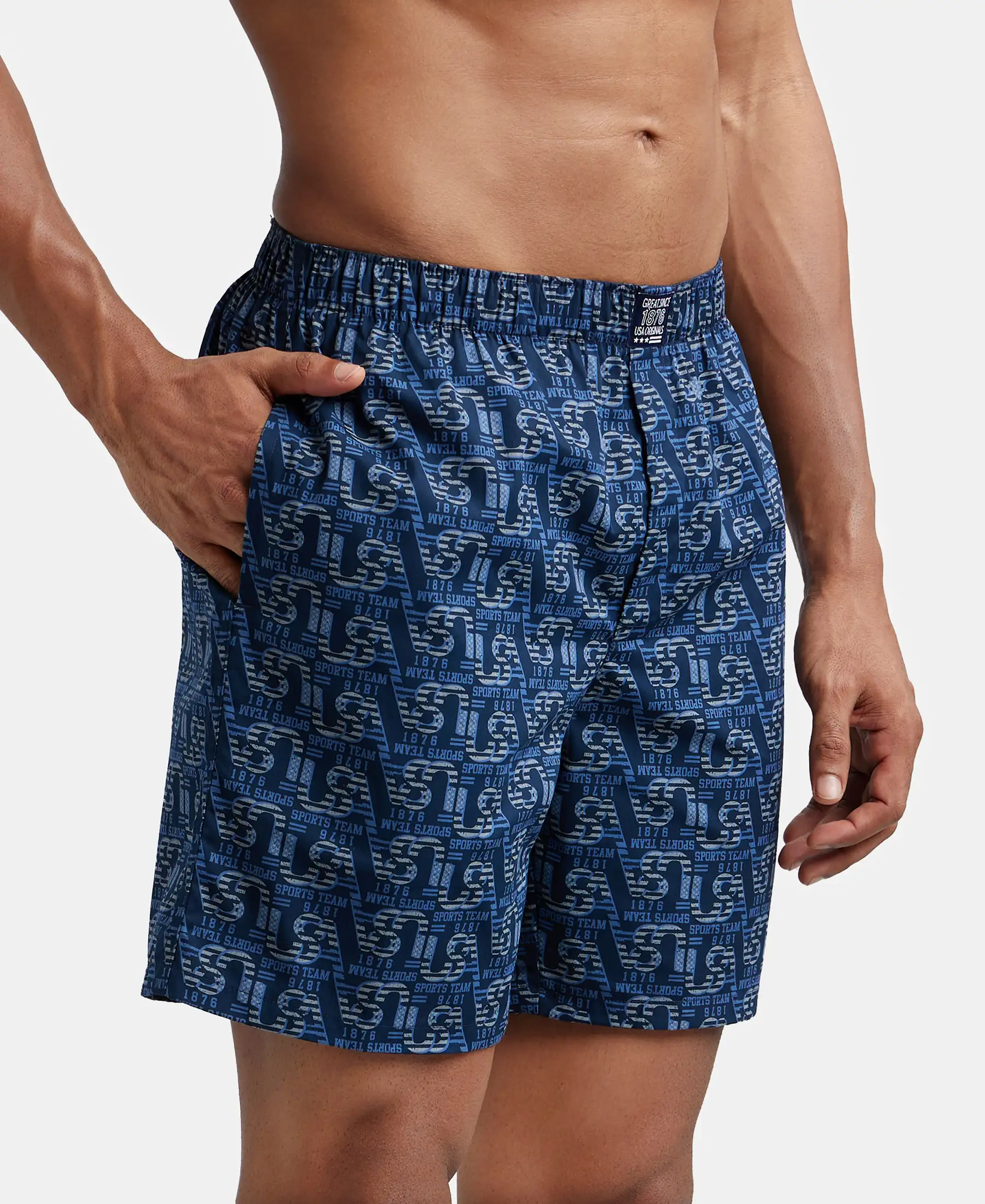 Super Combed Mercerized Cotton Woven Printed Boxer Shorts with Side Pockets - Navy Seaport Teal (Pack of 2) - Image 11