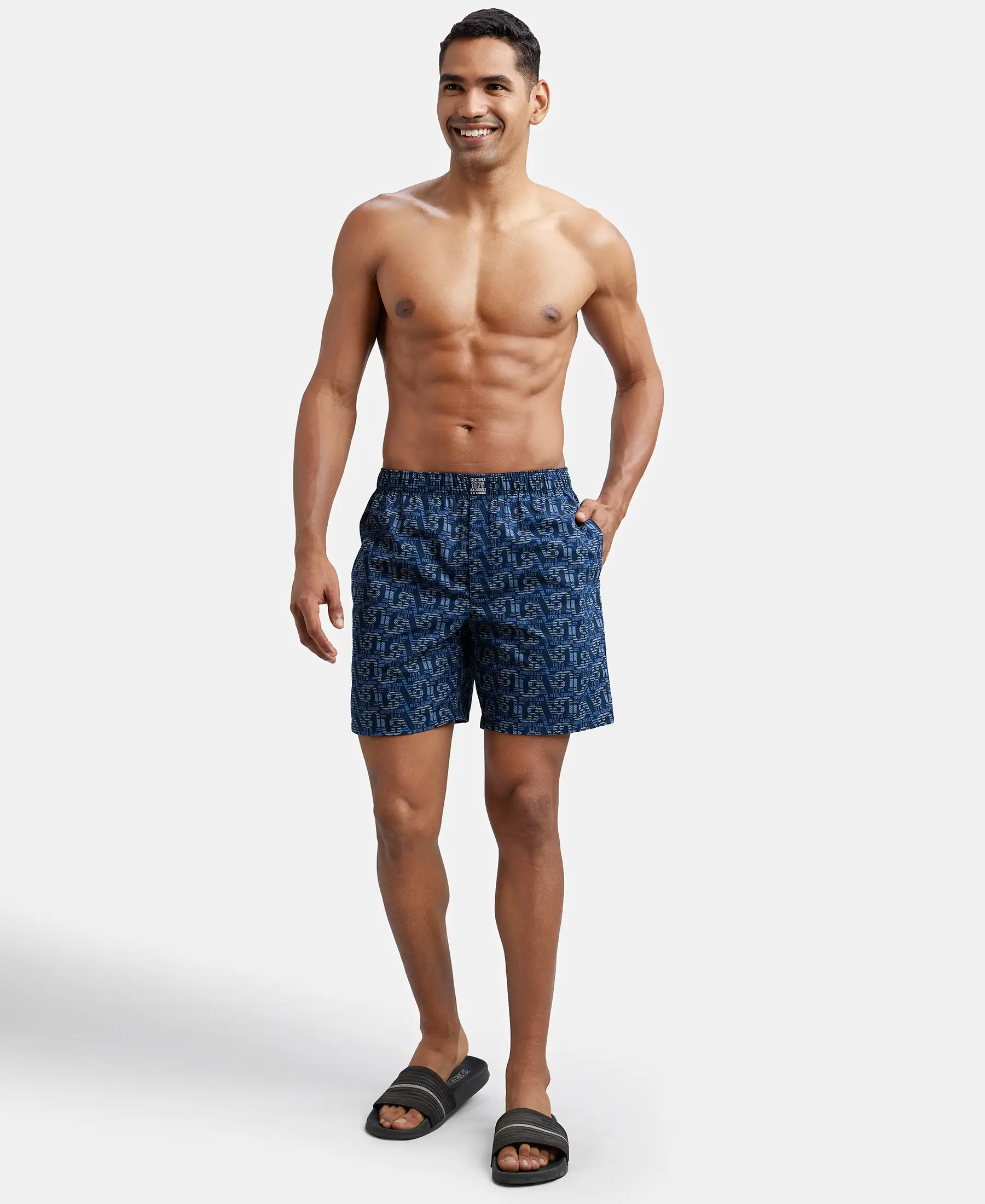 Super Combed Mercerized Cotton Woven Printed Boxer Shorts with Side Pockets - Navy Seaport Teal (Pack of 2) - Image 16