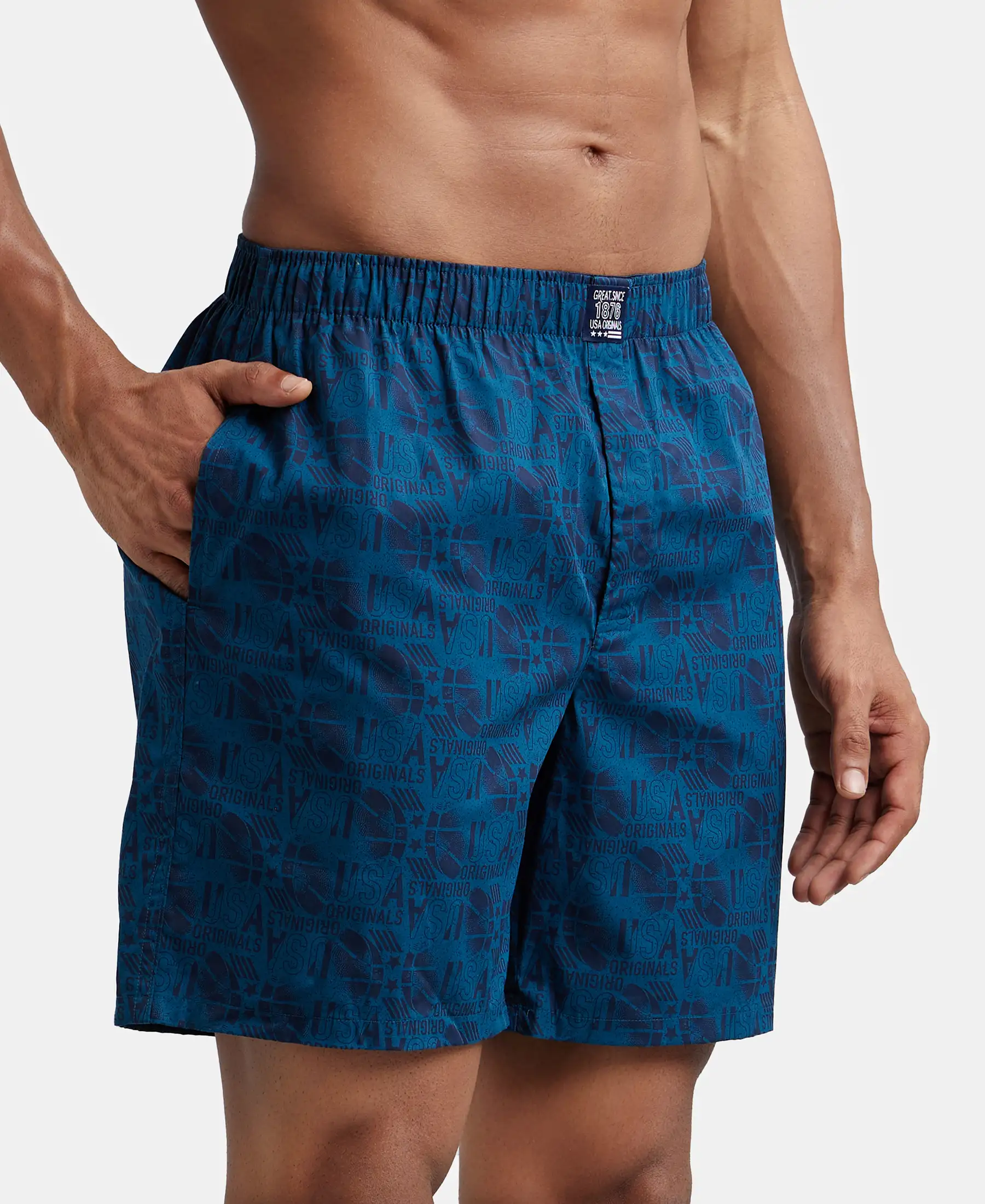Super Combed Mercerized Cotton Woven Printed Boxer Shorts with Side Pockets - Navy Seaport Teal (Pack of 2) - Image 2