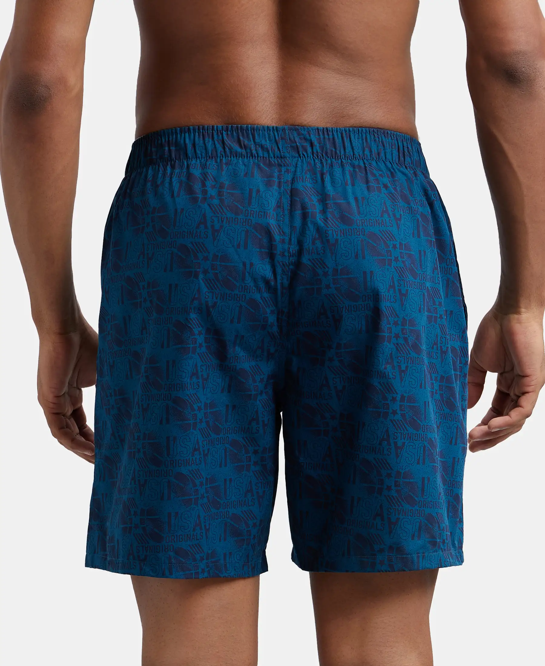 Super Combed Mercerized Cotton Woven Printed Boxer Shorts with Side Pockets - Navy Seaport Teal (Pack of 2) - Image 3