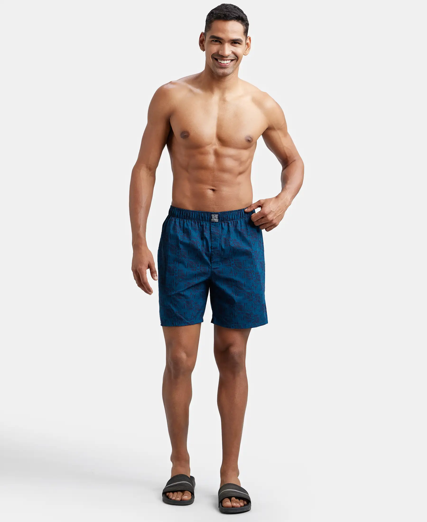 Super Combed Mercerized Cotton Woven Printed Boxer Shorts with Side Pockets - Navy Seaport Teal (Pack of 2) - Image 4
