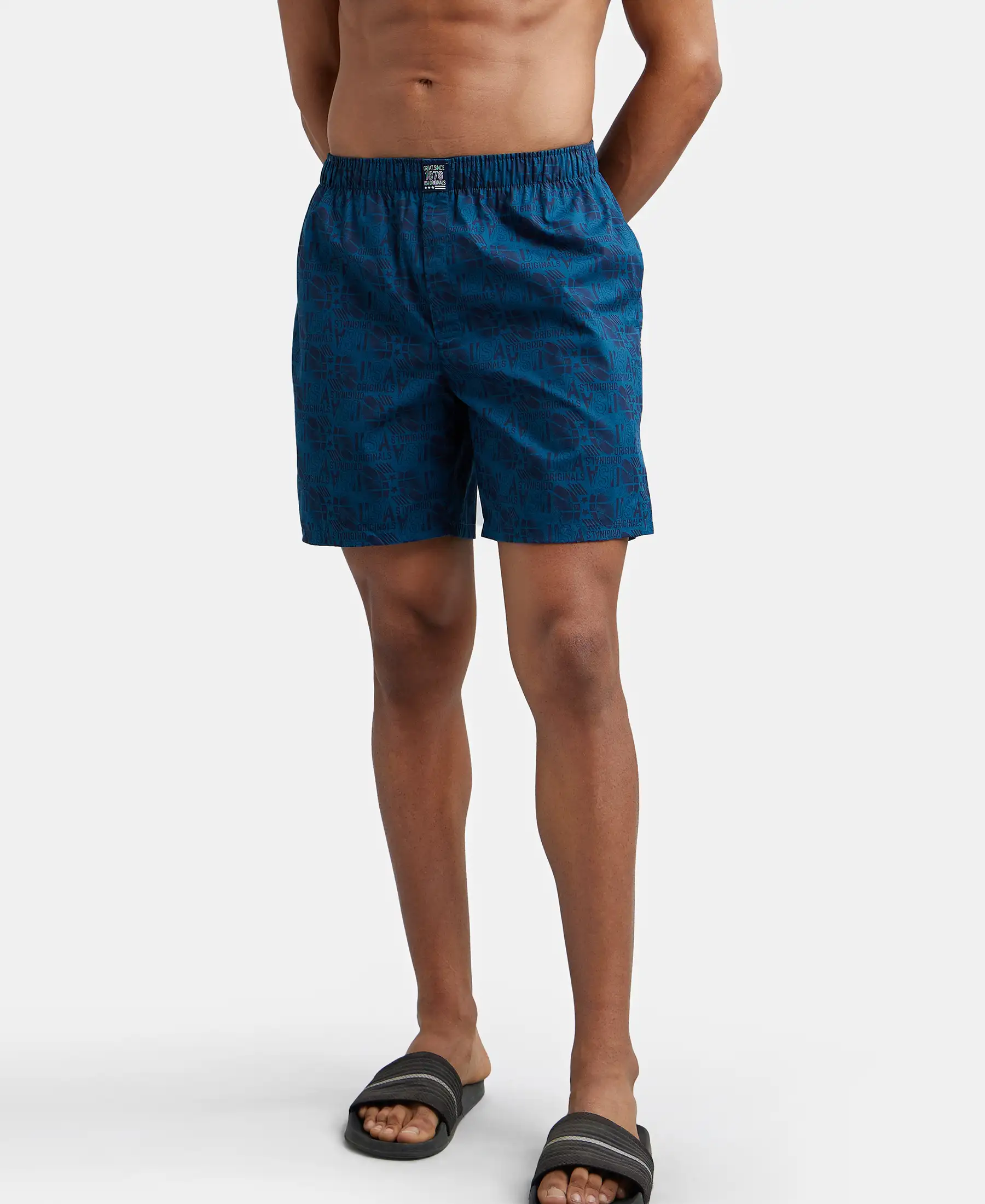 Super Combed Mercerized Cotton Woven Printed Boxer Shorts with Side Pockets - Navy Seaport Teal (Pack of 2) - Image 8
