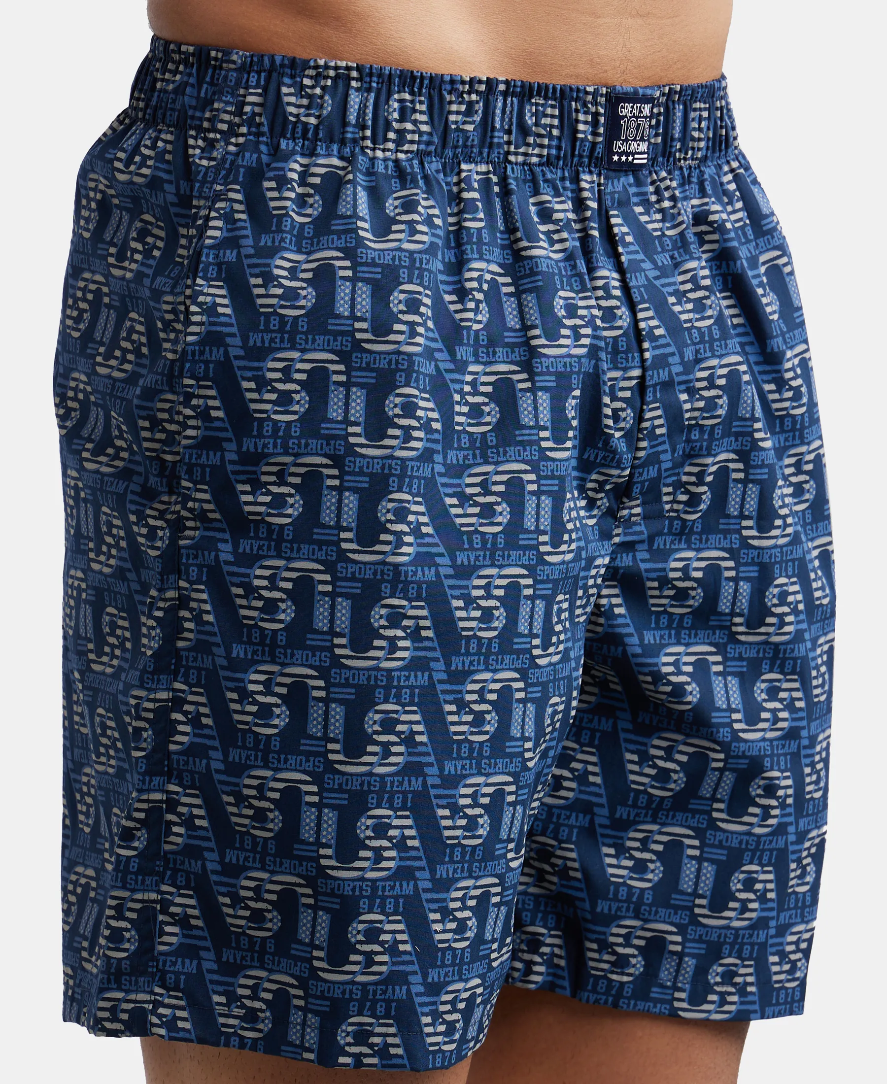 Super Combed Mercerized Cotton Woven Printed Boxer Shorts with Side Pockets - Navy - Image 2