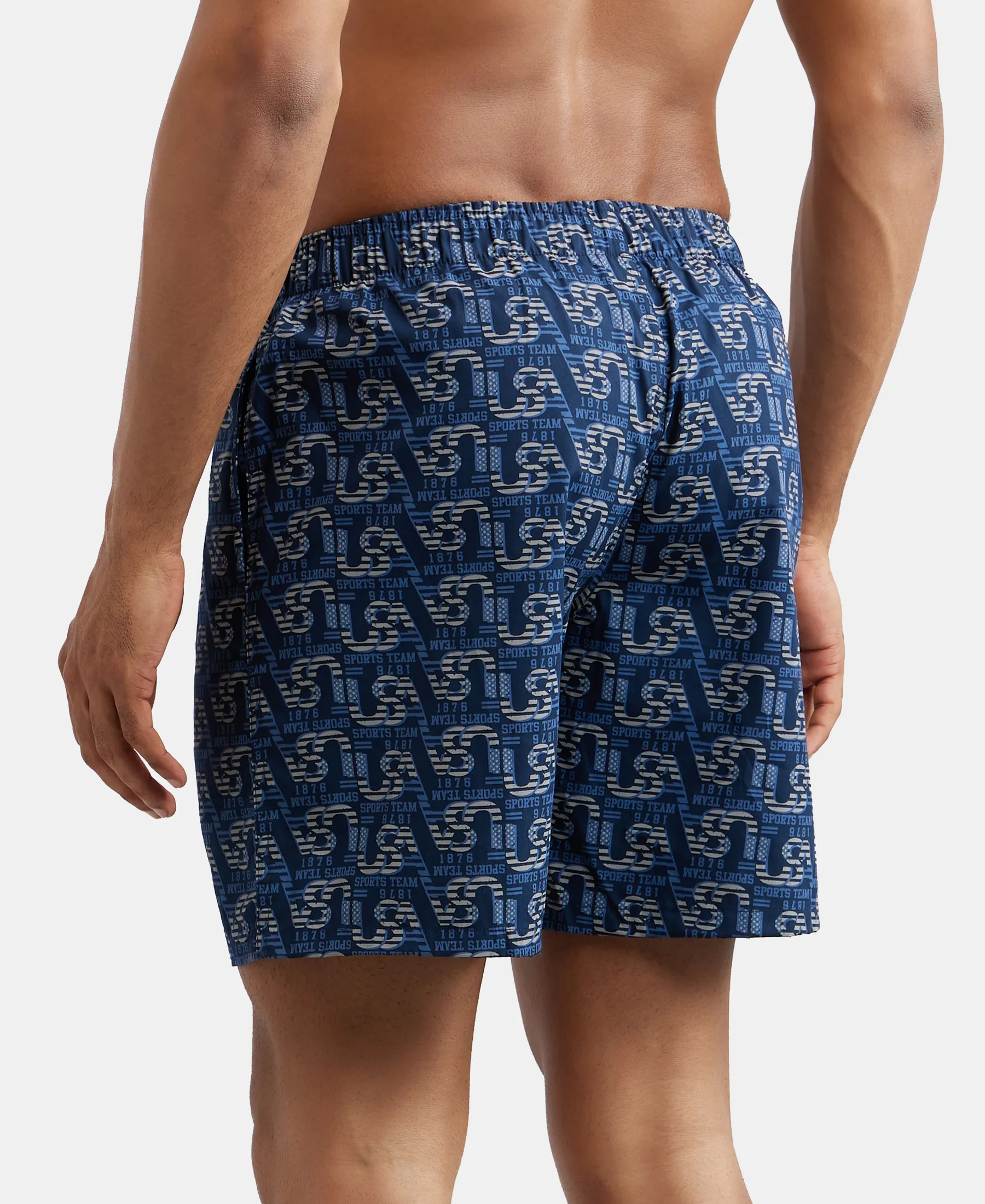 Super Combed Mercerized Cotton Woven Printed Boxer Shorts with Side Pockets - Navy - Image 3