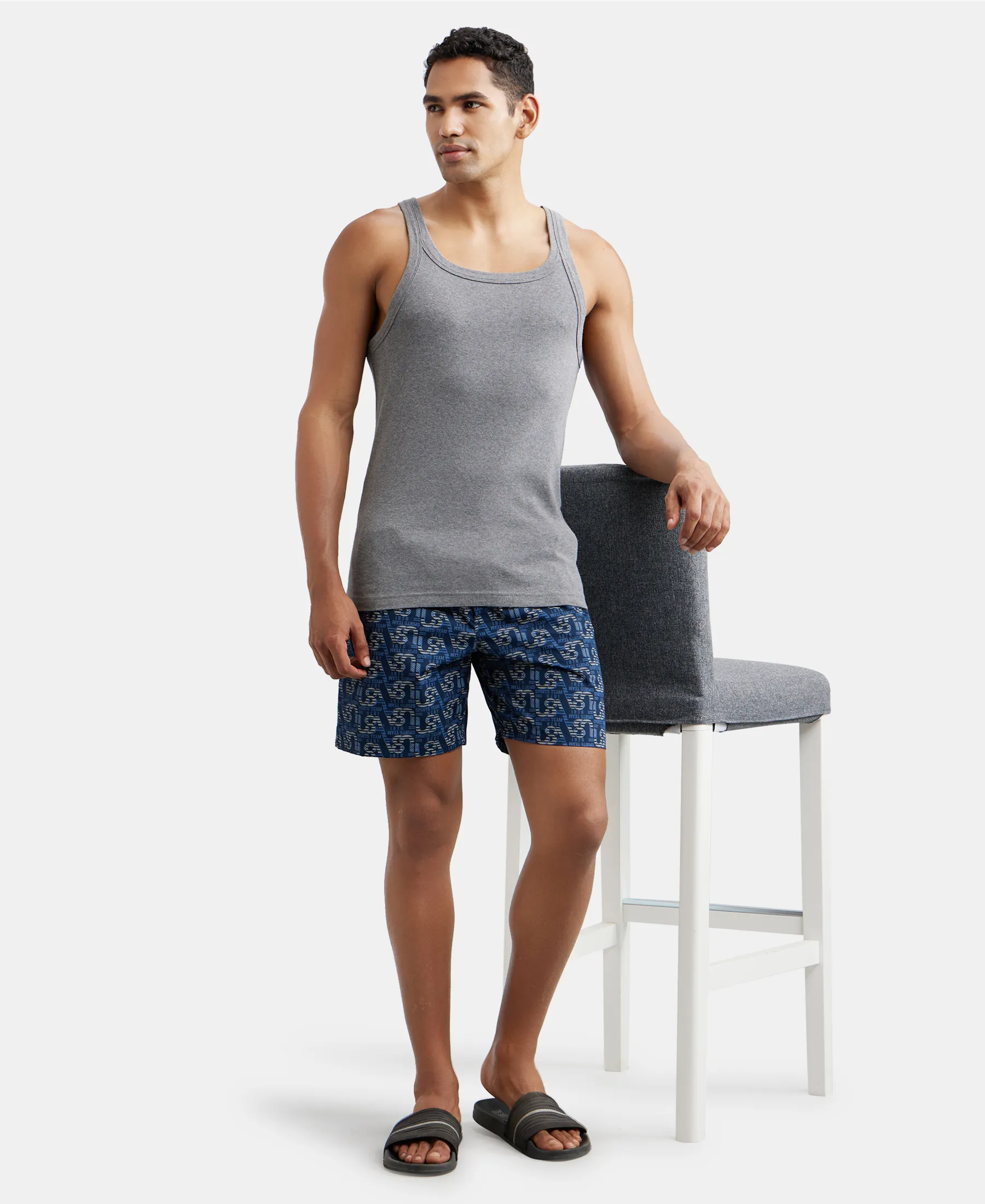 Super Combed Mercerized Cotton Woven Printed Boxer Shorts with Side Pockets - Navy - Image 7