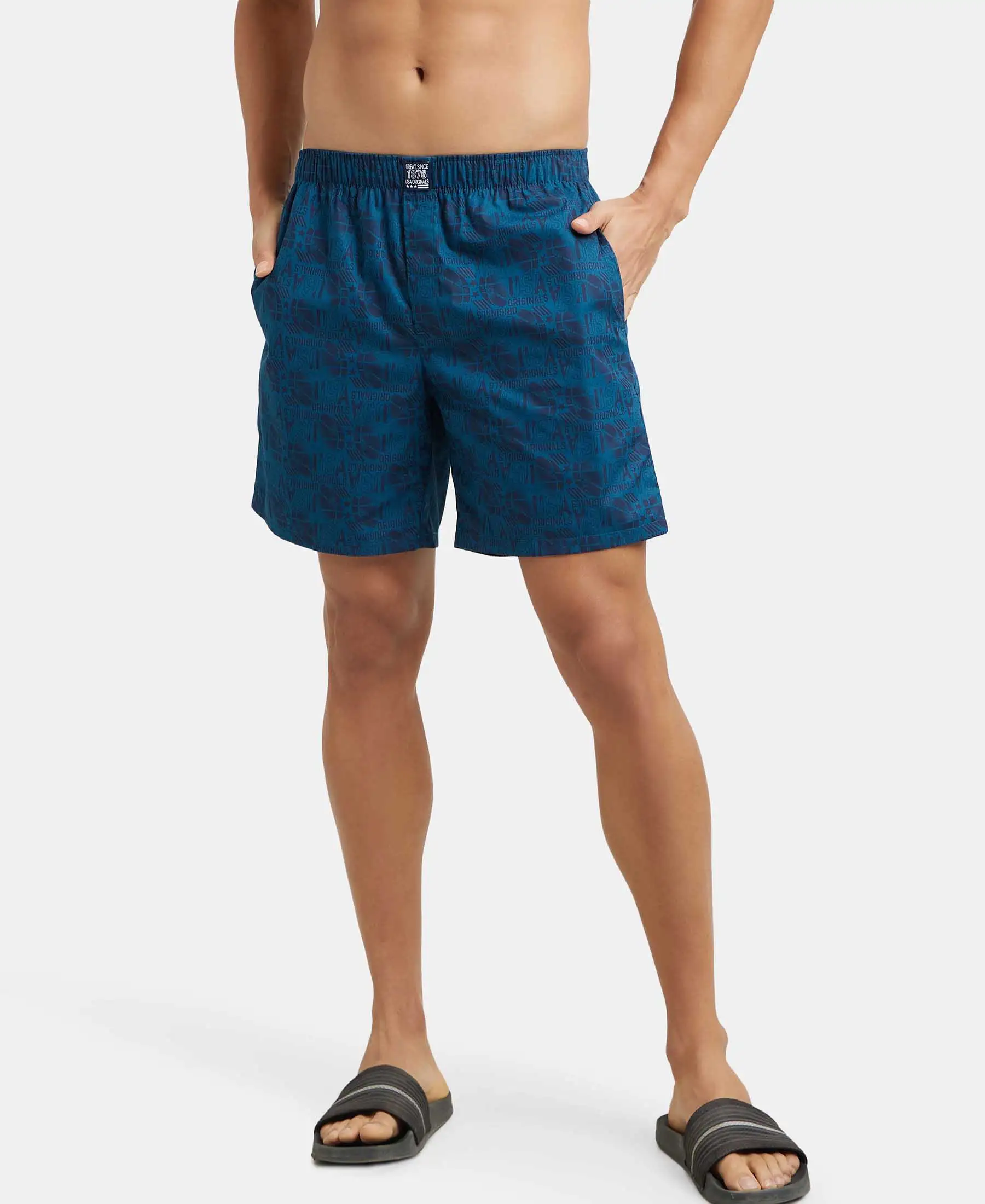Super Combed Mercerized Cotton Woven Printed Boxer Shorts with Side Pockets - Seaport Teal - Image 5