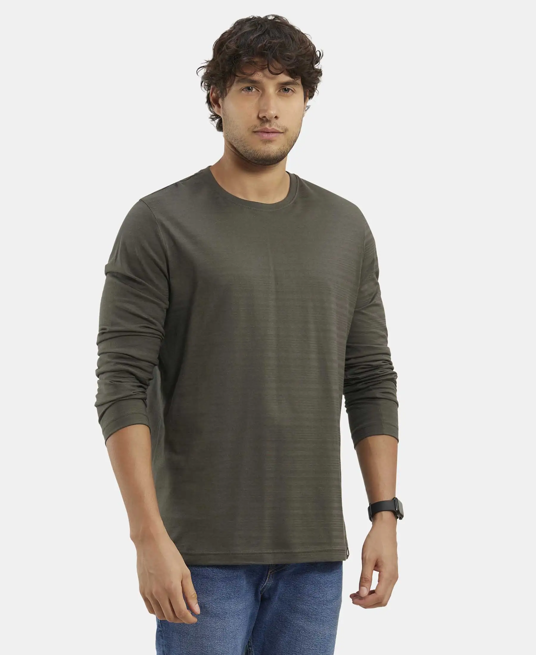Super Combed Supima Cotton Solid Round Neck Full Sleeve T-Shirt - Deep Olive - Image 2