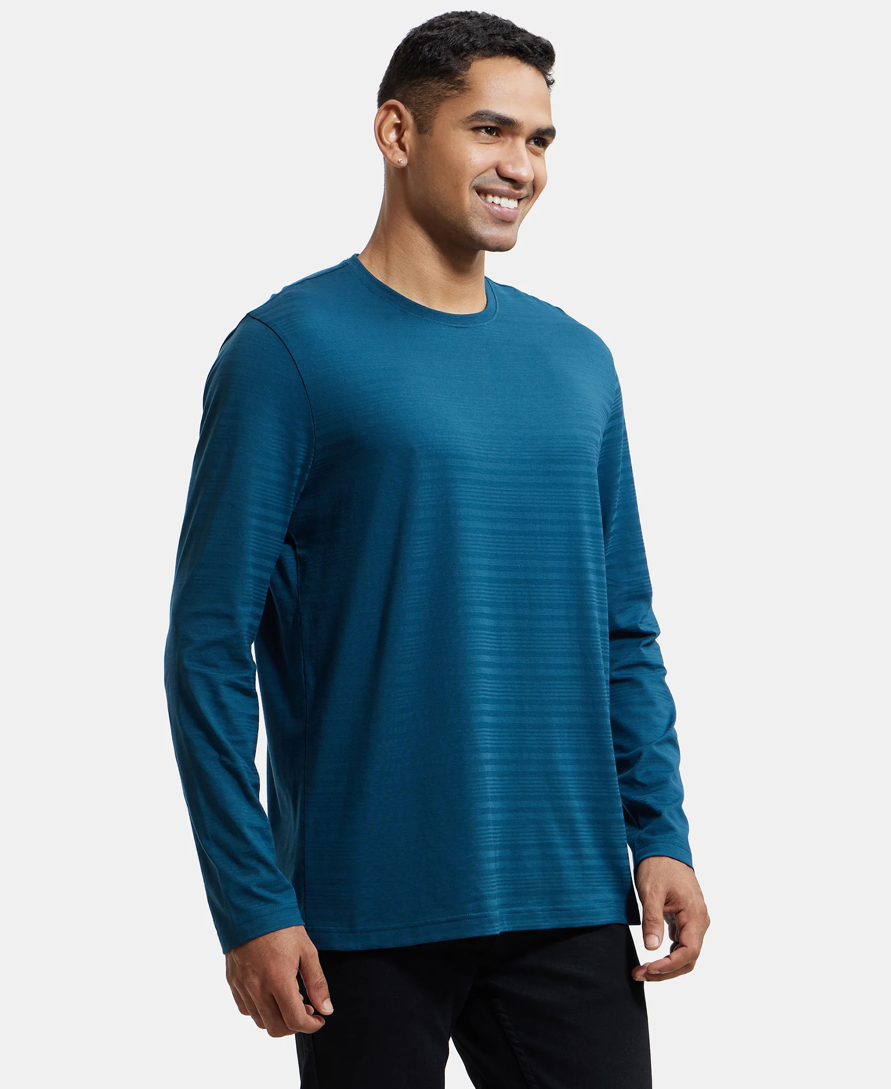 Super Combed Supima Cotton Solid Round Neck Full Sleeve T-Shirt - Reflecting Pond - Image 2