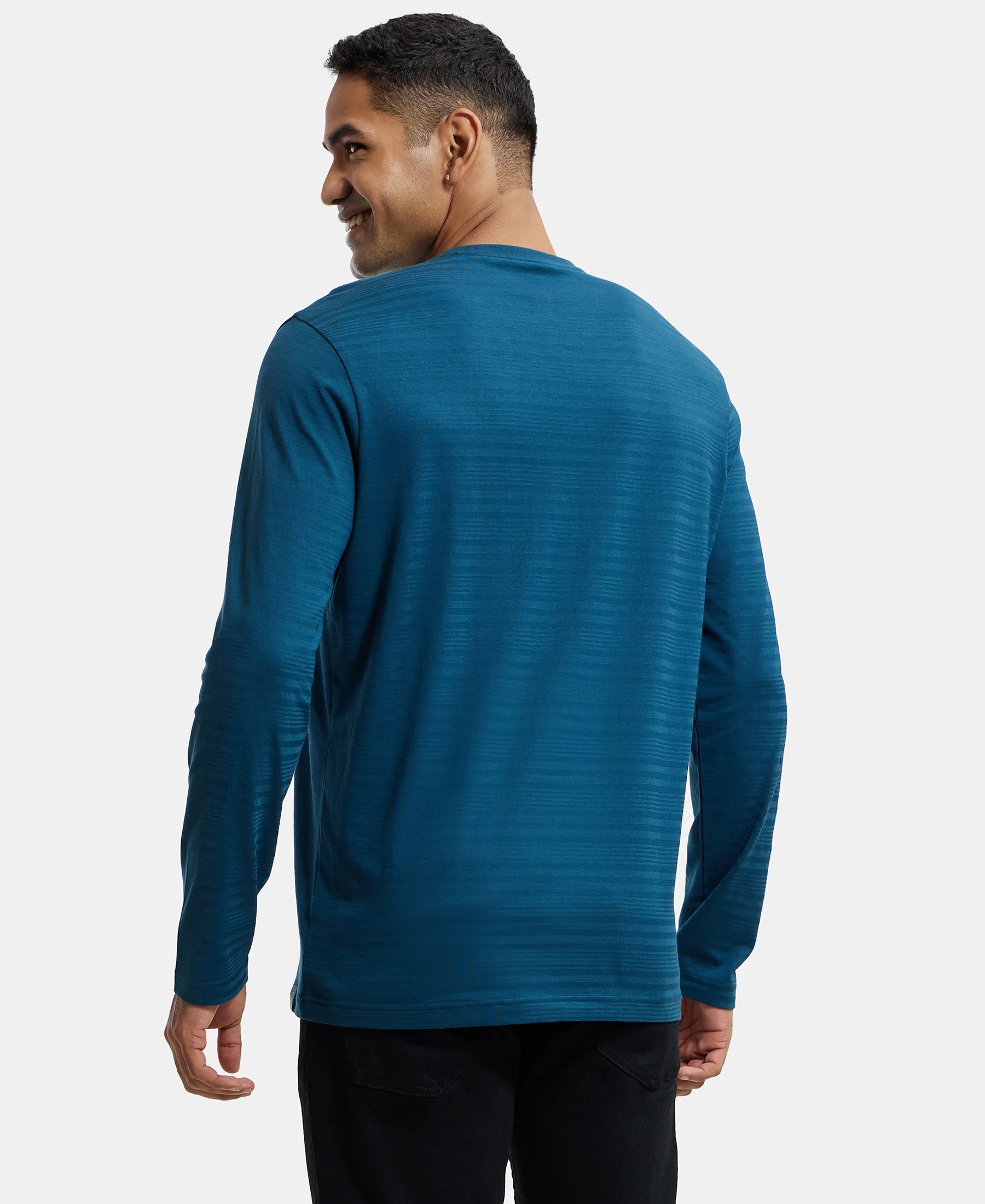 Super Combed Supima Cotton Solid Round Neck Full Sleeve T-Shirt - Reflecting Pond - Image 3