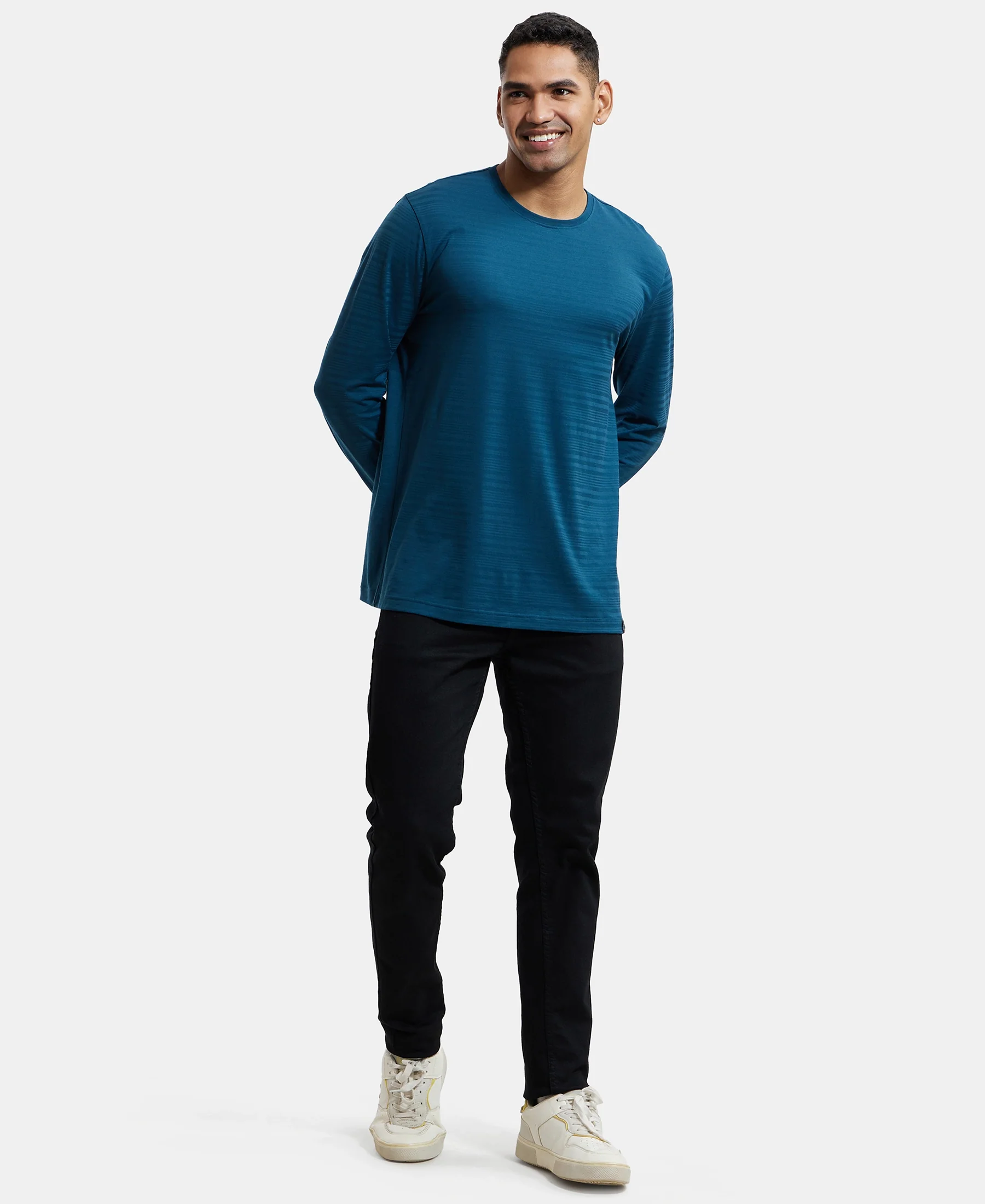Super Combed Supima Cotton Solid Round Neck Full Sleeve T-Shirt - Reflecting Pond - Image 4