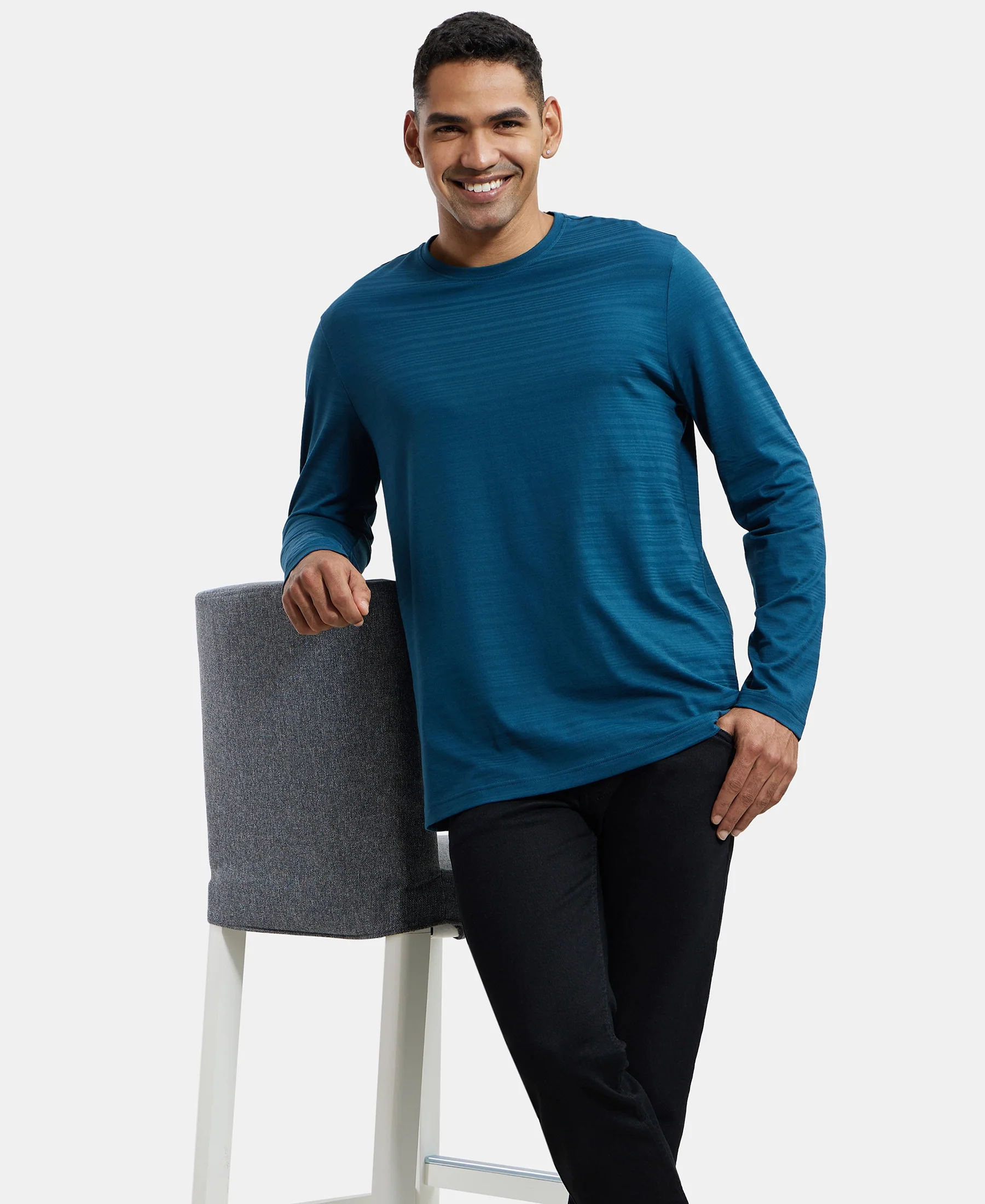 Super Combed Supima Cotton Solid Round Neck Full Sleeve T-Shirt - Reflecting Pond - Image 5