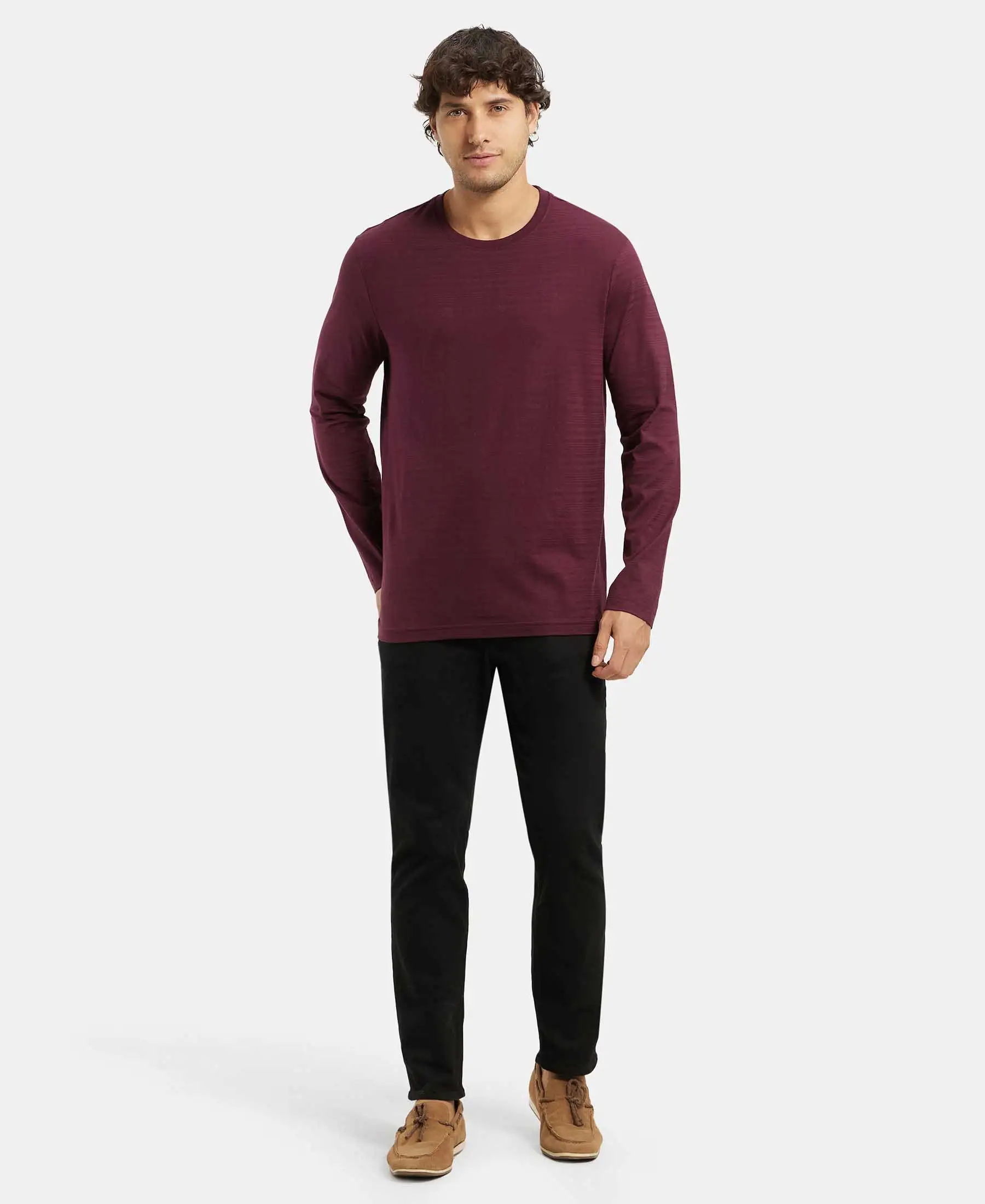 Super Combed Supima Cotton Solid Round Neck Full Sleeve T-Shirt - Wine Tasting - Image 4