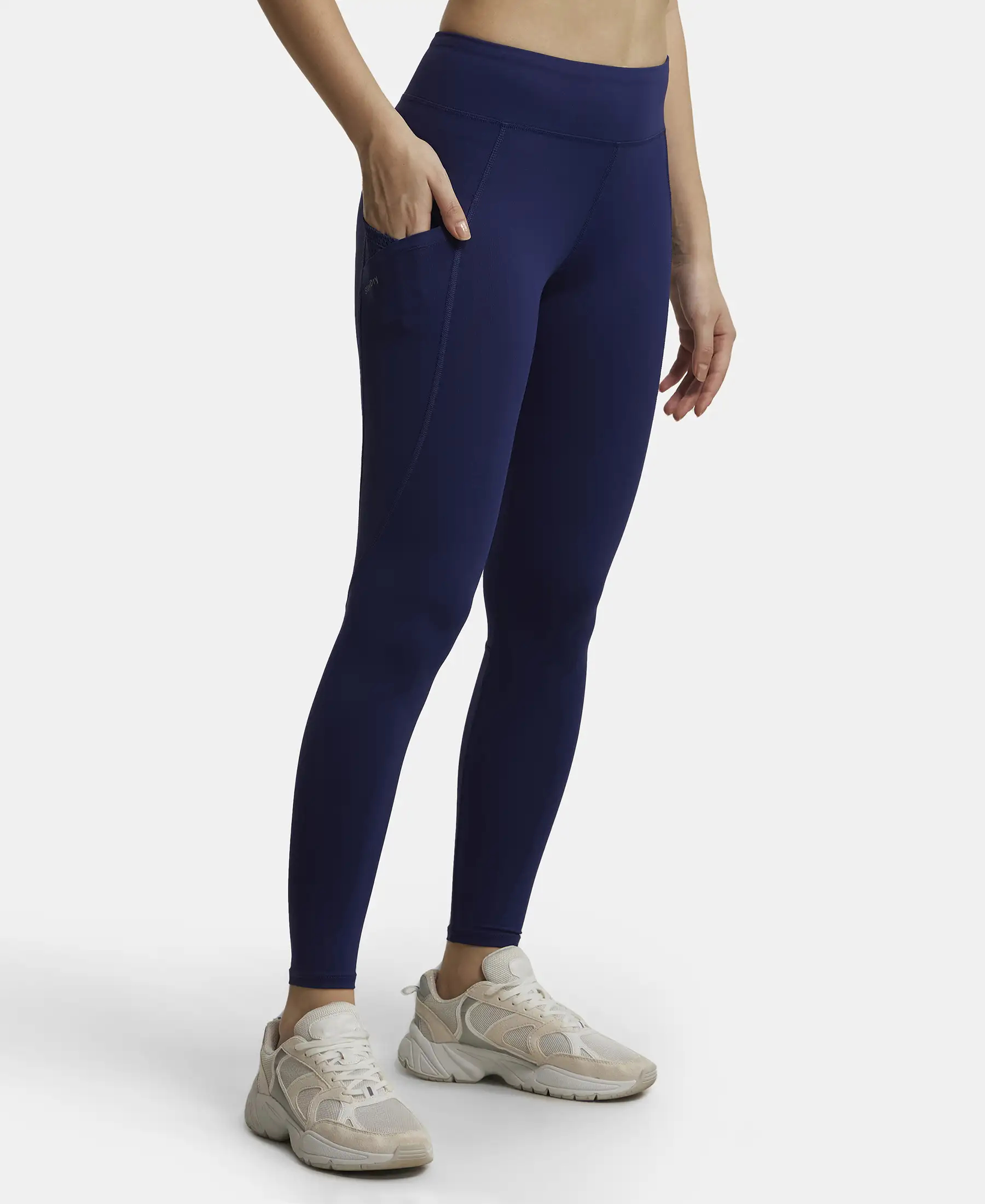 Tactel Microfiber Elastane Stretch Performance Leggings with Broadwaistband & Side Pockets - Midnight Sail - Image 2