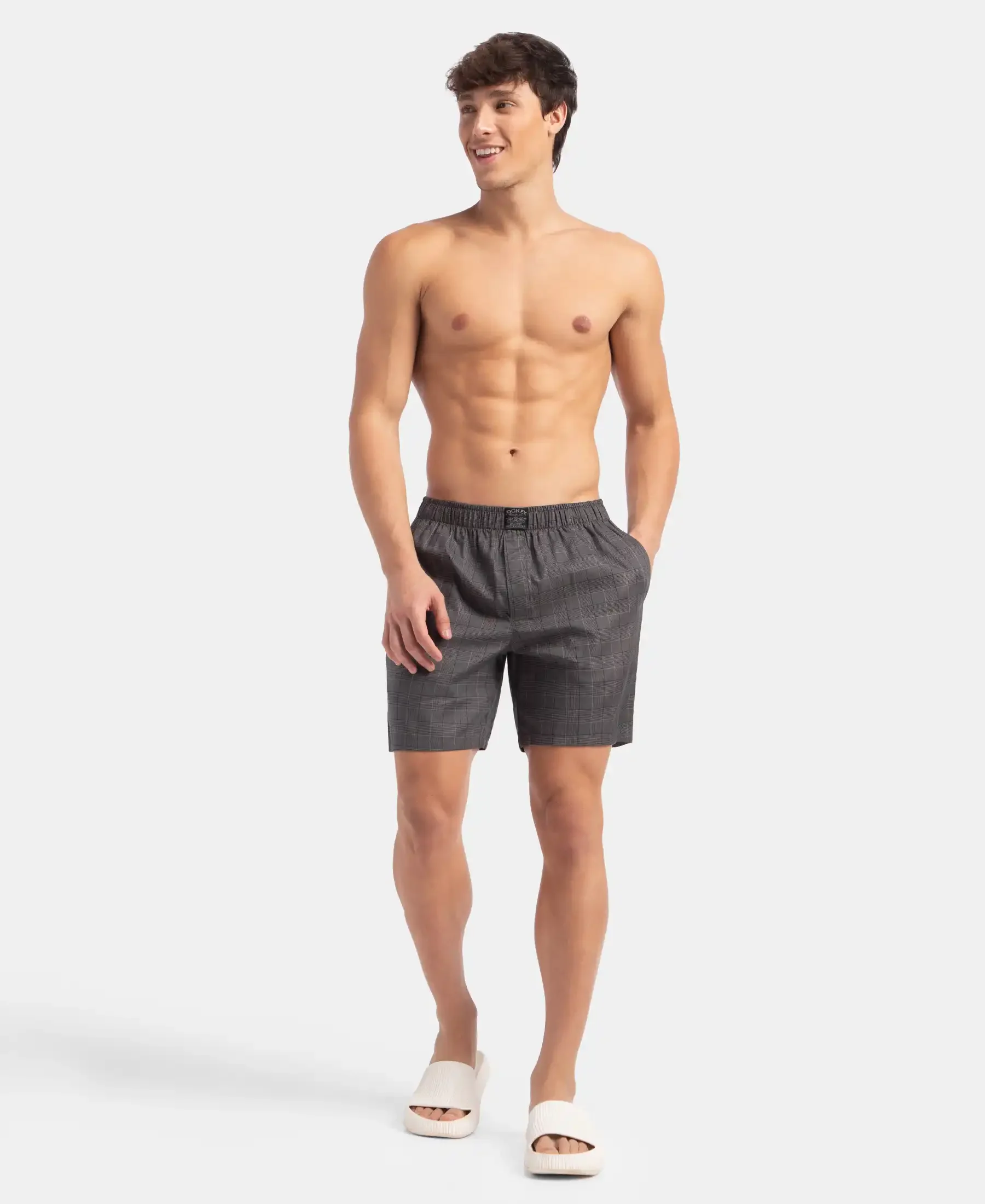 Tencel Lyocell Cotton Checkered Boxer Shorts with Side Pockets - Graphite - Image 4