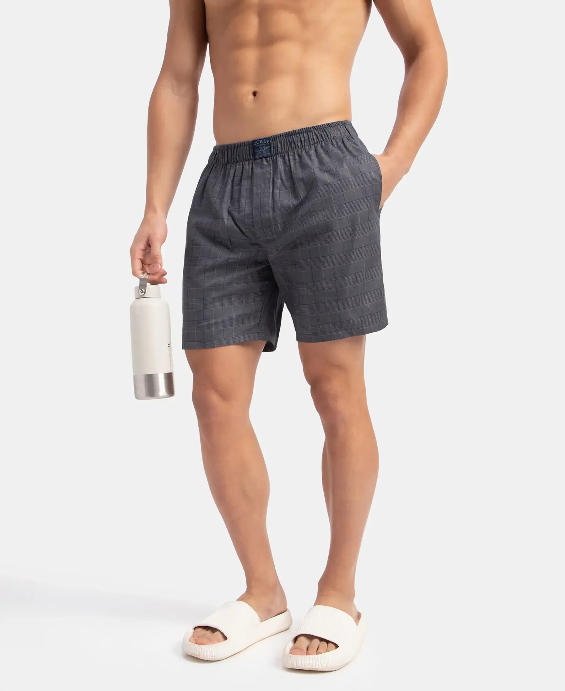 Tencel Lyocell Cotton Checkered Boxer Shorts with Side Pockets - Navy - Image 5