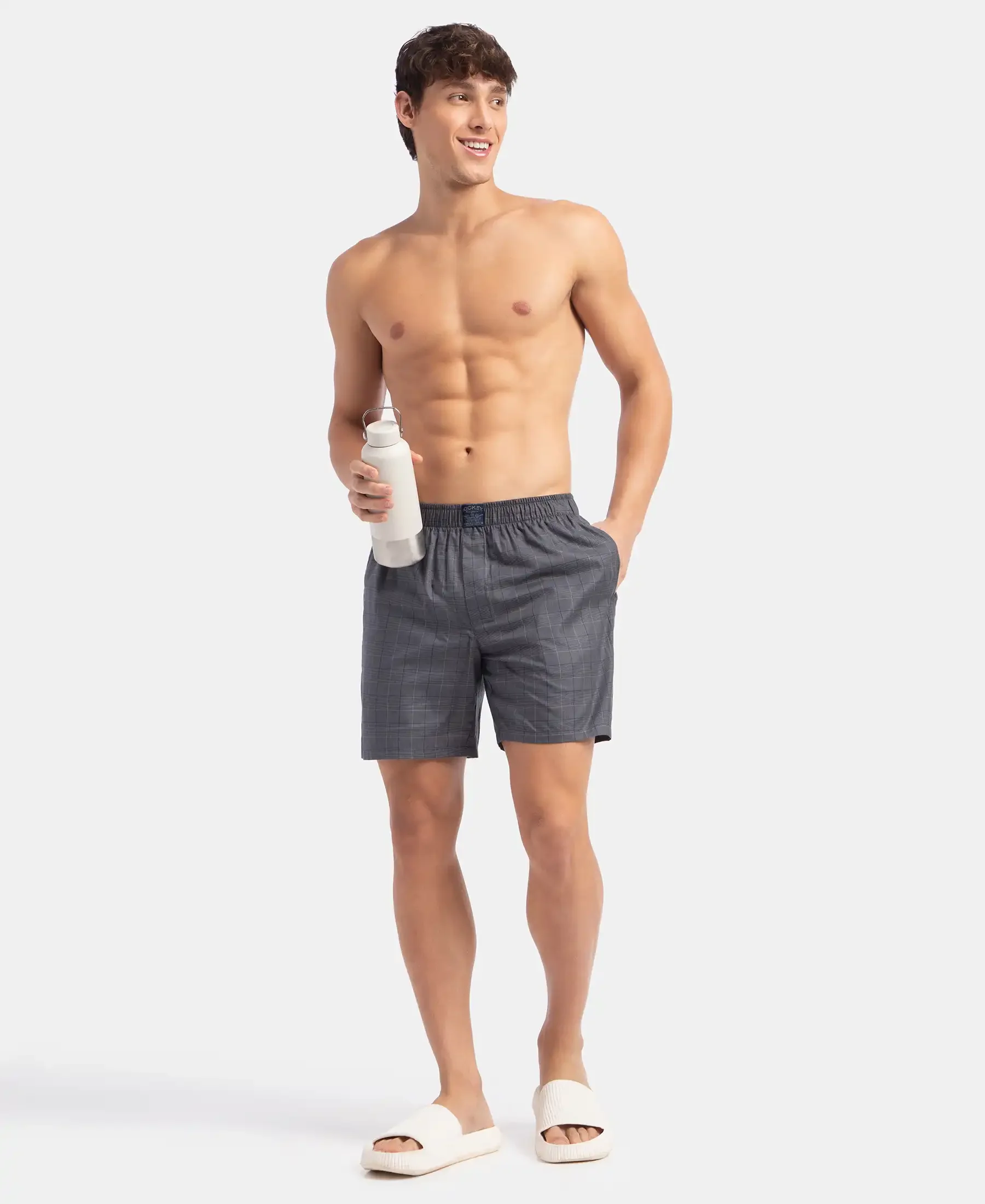 Tencel Lyocell Cotton Checkered Boxer Shorts with Side Pockets - Navy - Image 6