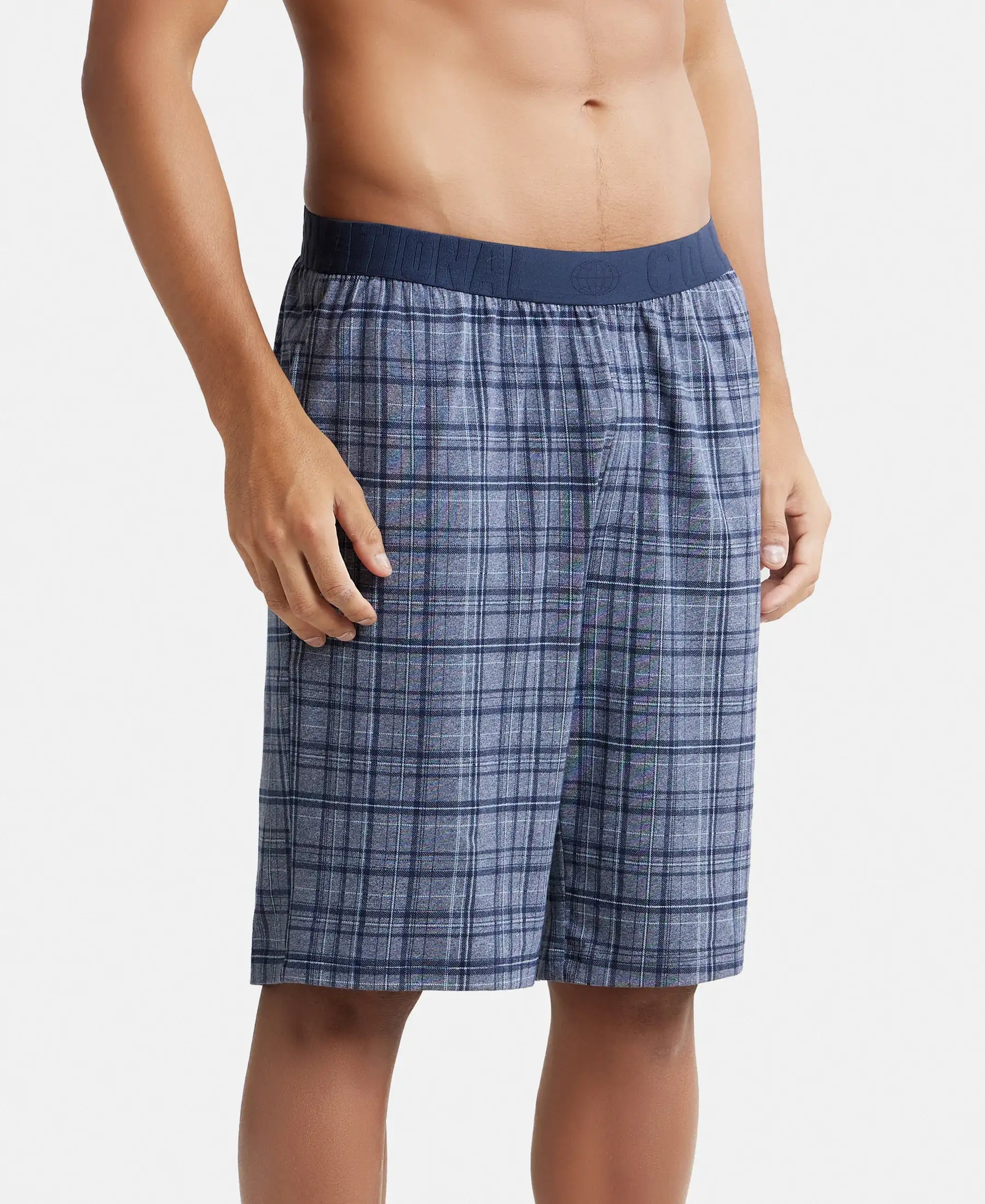 Tencel Micro Modal Cotton Elastane Stretch Regular Fit Checkered Sleep Shorts with Side Pockets - Mid Blue Print1 - Image 2