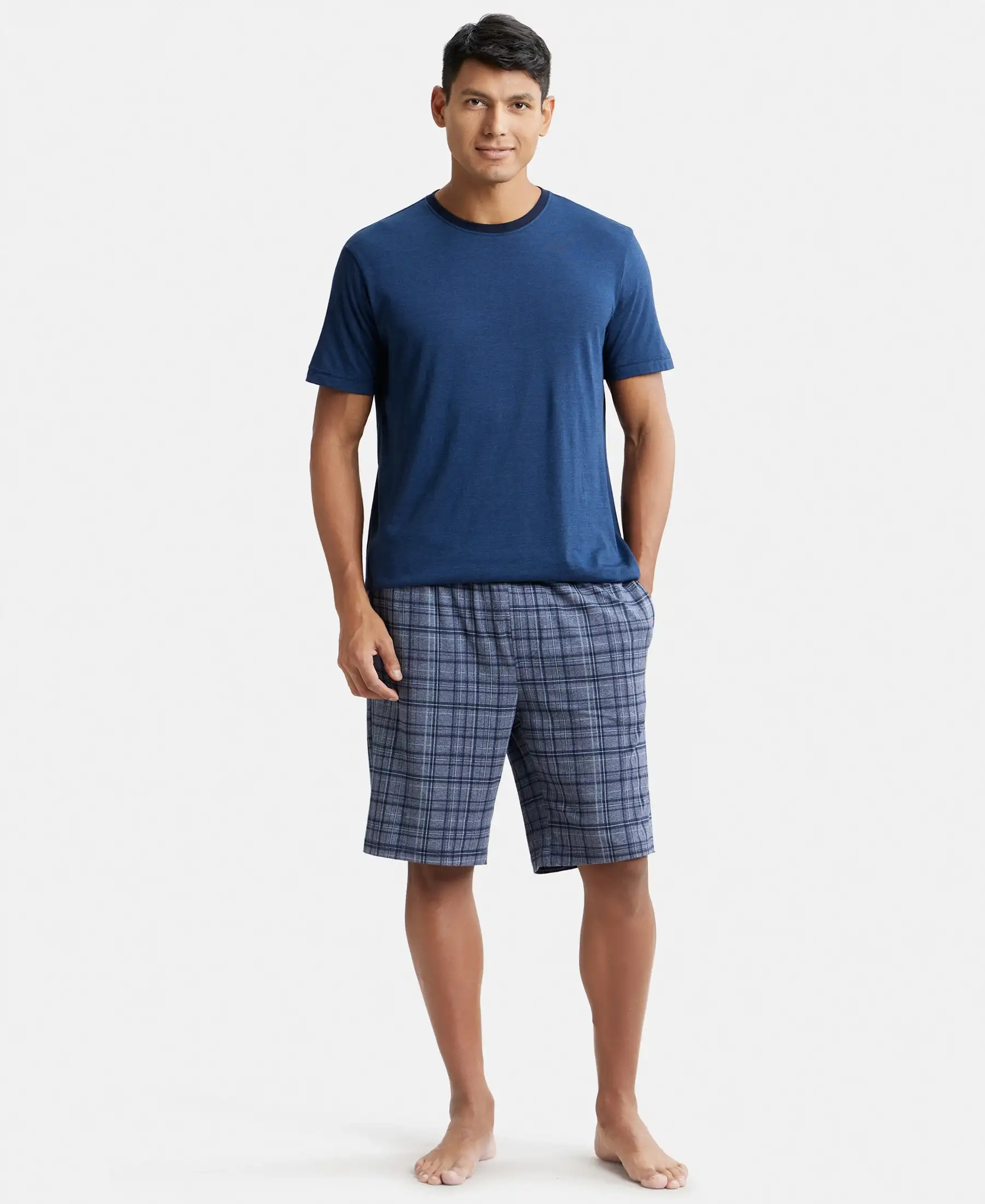 Tencel Micro Modal Cotton Elastane Stretch Regular Fit Checkered Sleep Shorts with Side Pockets - Mid Blue Print1 - Image 4