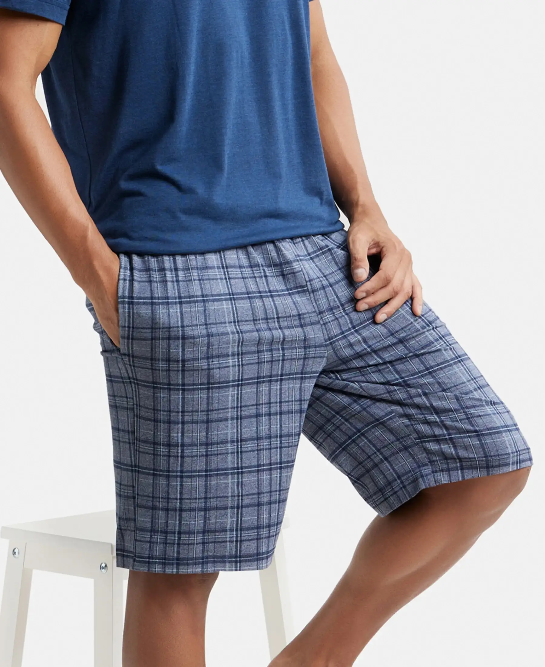 Tencel Micro Modal Cotton Elastane Stretch Regular Fit Checkered Sleep Shorts with Side Pockets - Mid Blue Print1 - Image 5