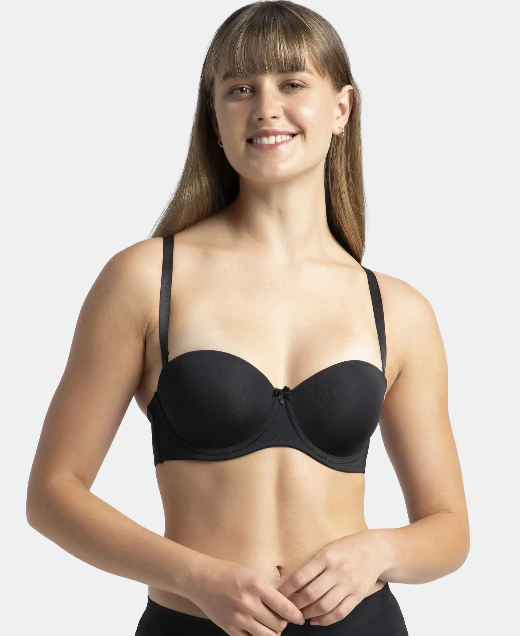Under-Wired Padded Soft Touch Microfiber Elastane Stretch Full Coverage Strapless Bra with Ultra-Grip Support Band - Black