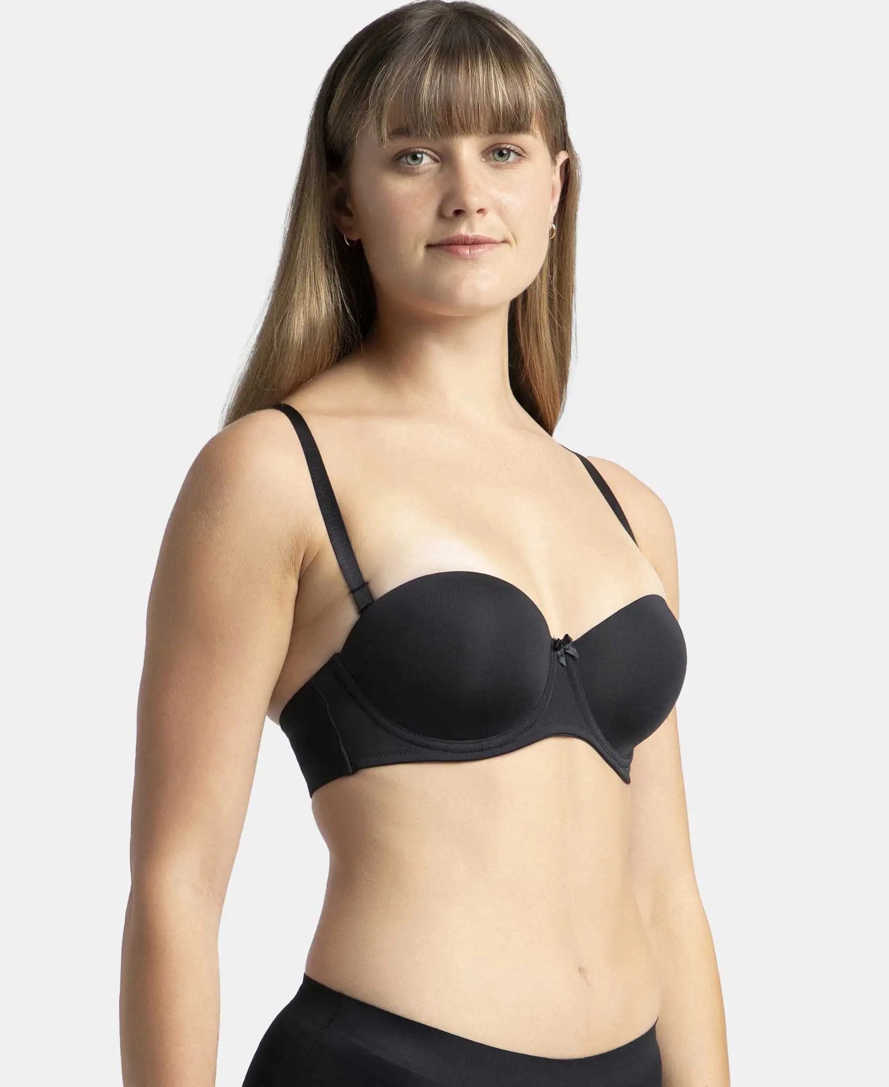 Under-Wired Padded Soft Touch Microfiber Elastane Stretch Full Coverage Strapless Bra with Ultra-Grip Support Band - Black - Image 2