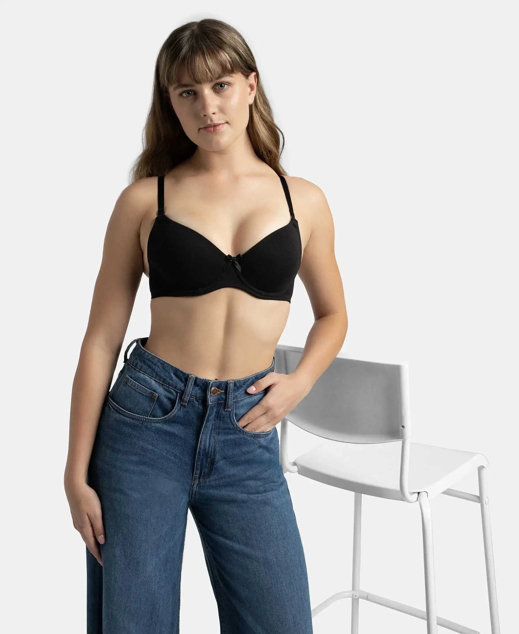 Under-Wired Padded Super Combed Cotton Elastane Stretch Medium Coverage T-Shirt Bra with Detachable Straps - Black - Image 5