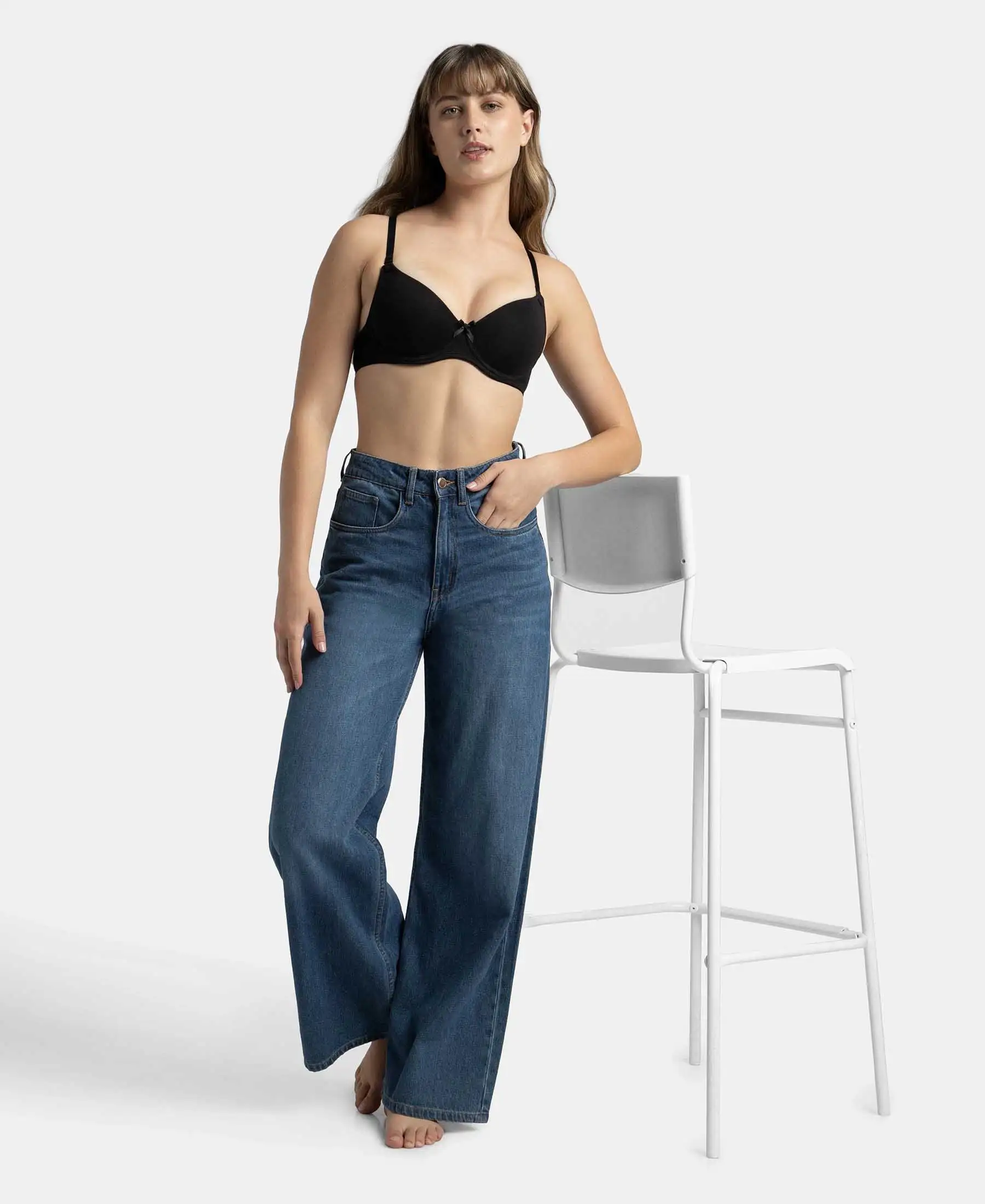 Under-Wired Padded Super Combed Cotton Elastane Stretch Medium Coverage T-Shirt Bra with Detachable Straps - Black - Image 7