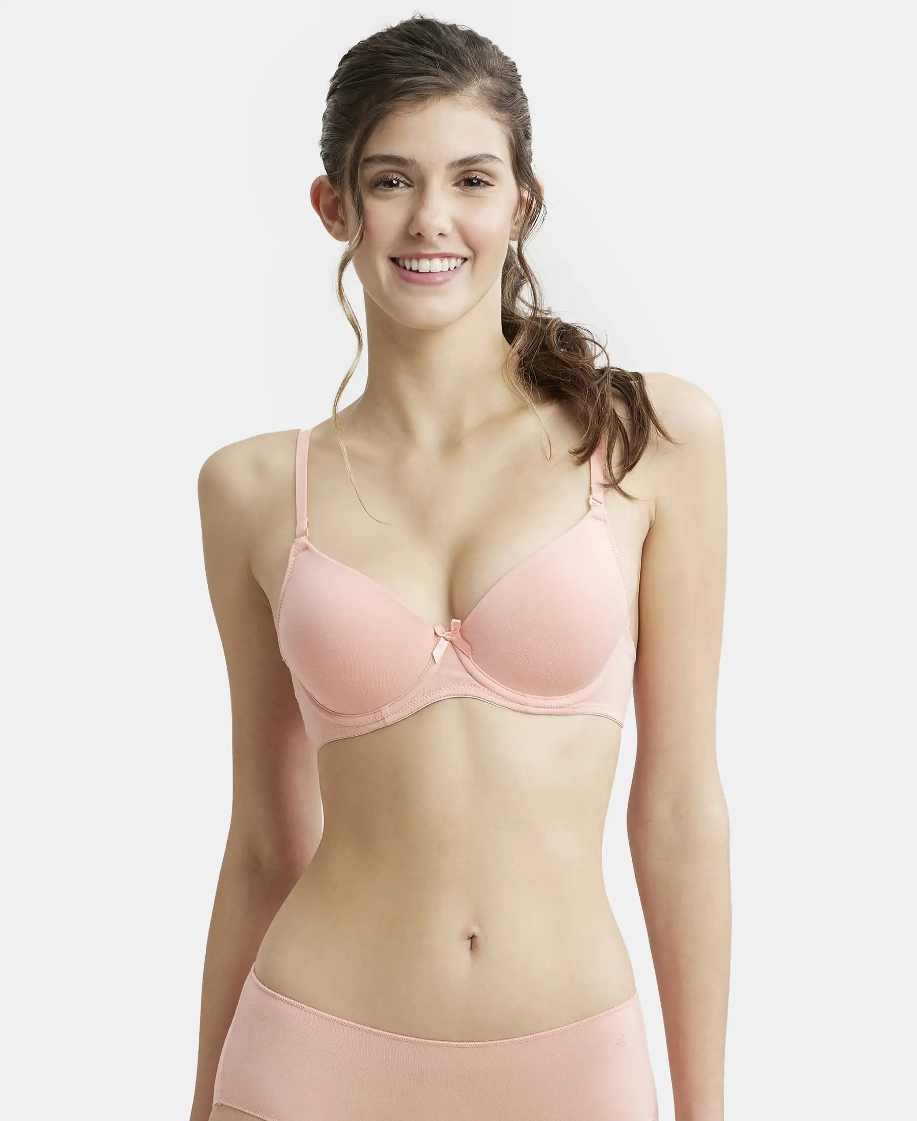 Under-Wired Padded Super Combed Cotton Elastane Stretch Medium Coverage T-Shirt Bra with Detachable Straps - Candlelight Peach