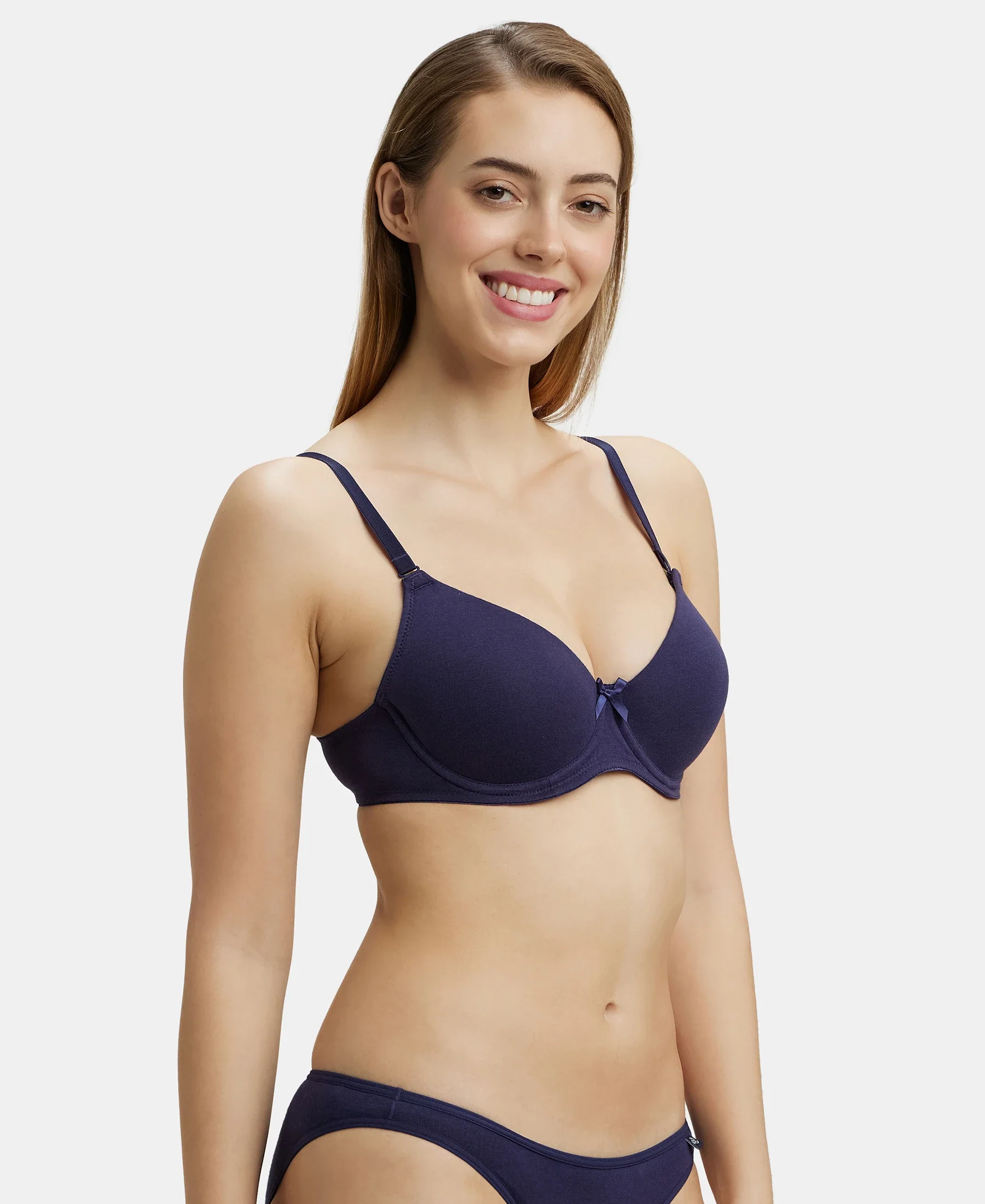 Under-Wired Padded Super Combed Cotton Elastane Stretch Medium Coverage T-Shirt Bra with Detachable Straps - Classic Navy - Image 2