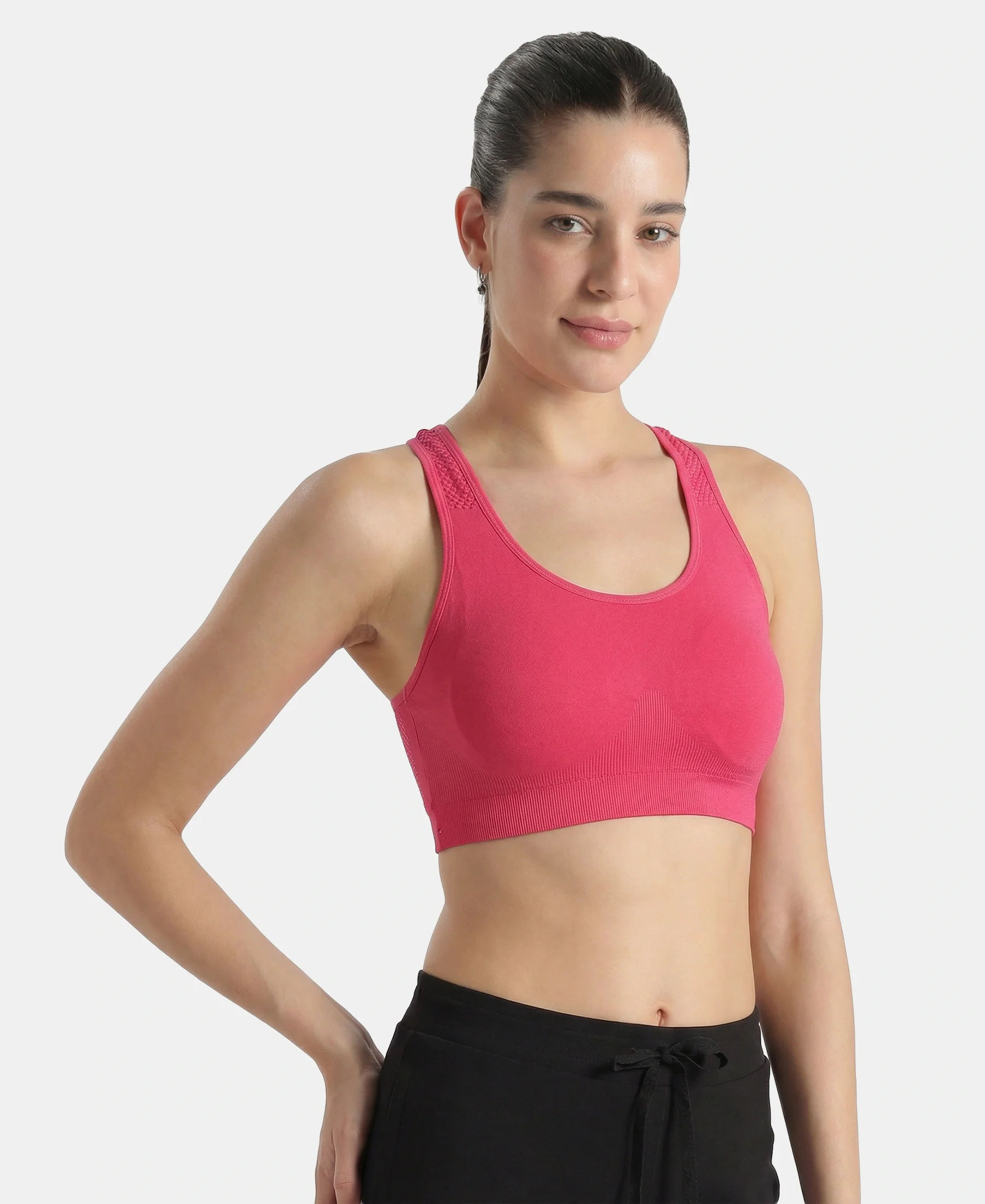 Wirefree Non Padded Micro Touch Nylon Elastane Full Coverage Reversible Active Bra With StayFresh Treatment - Ruby Melange - Image 2