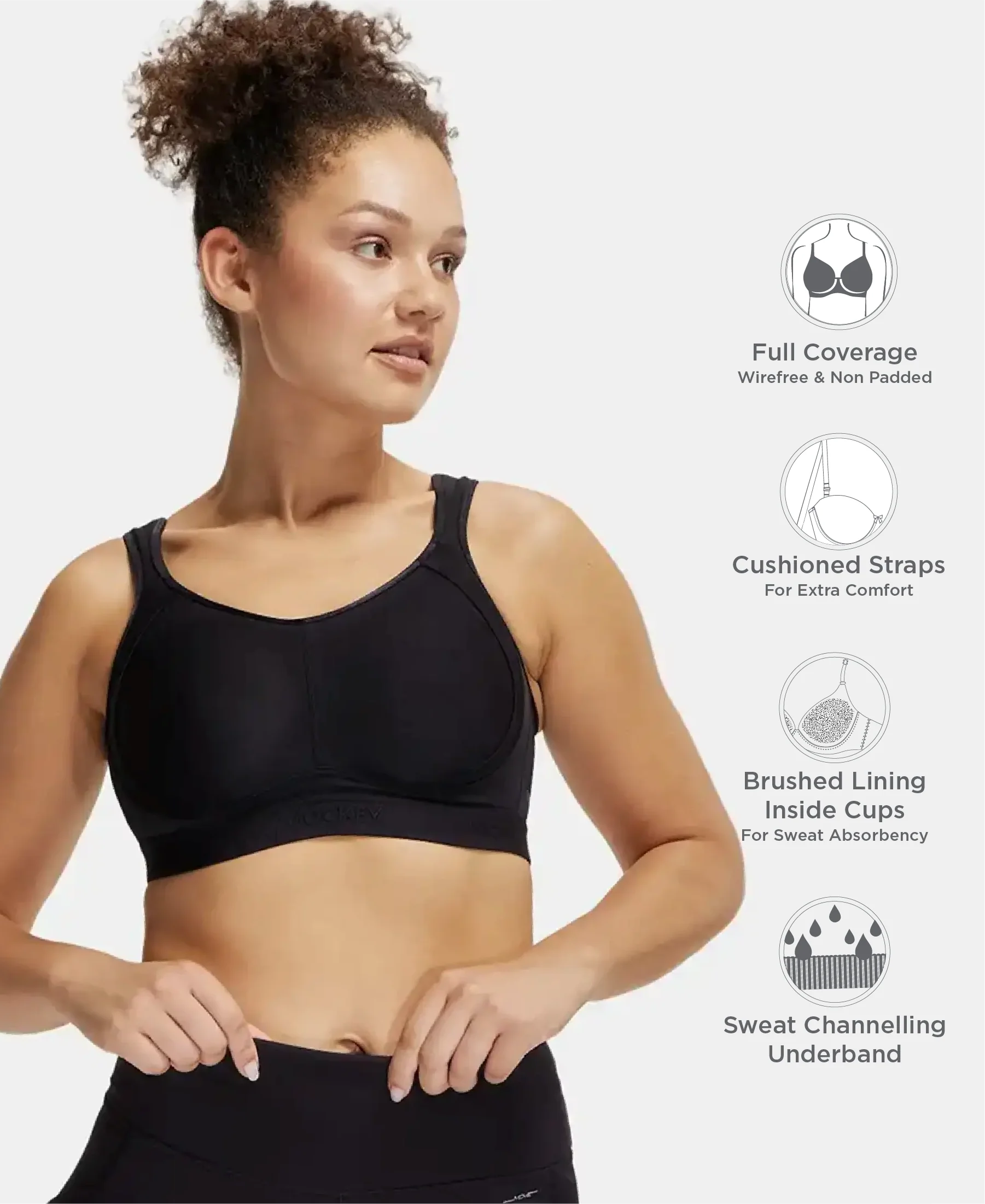 Wirefree Non Padded Microfiber Elastane Stretch Full Coverage Sports Bra with StayDry Treatment - Black - Image 2