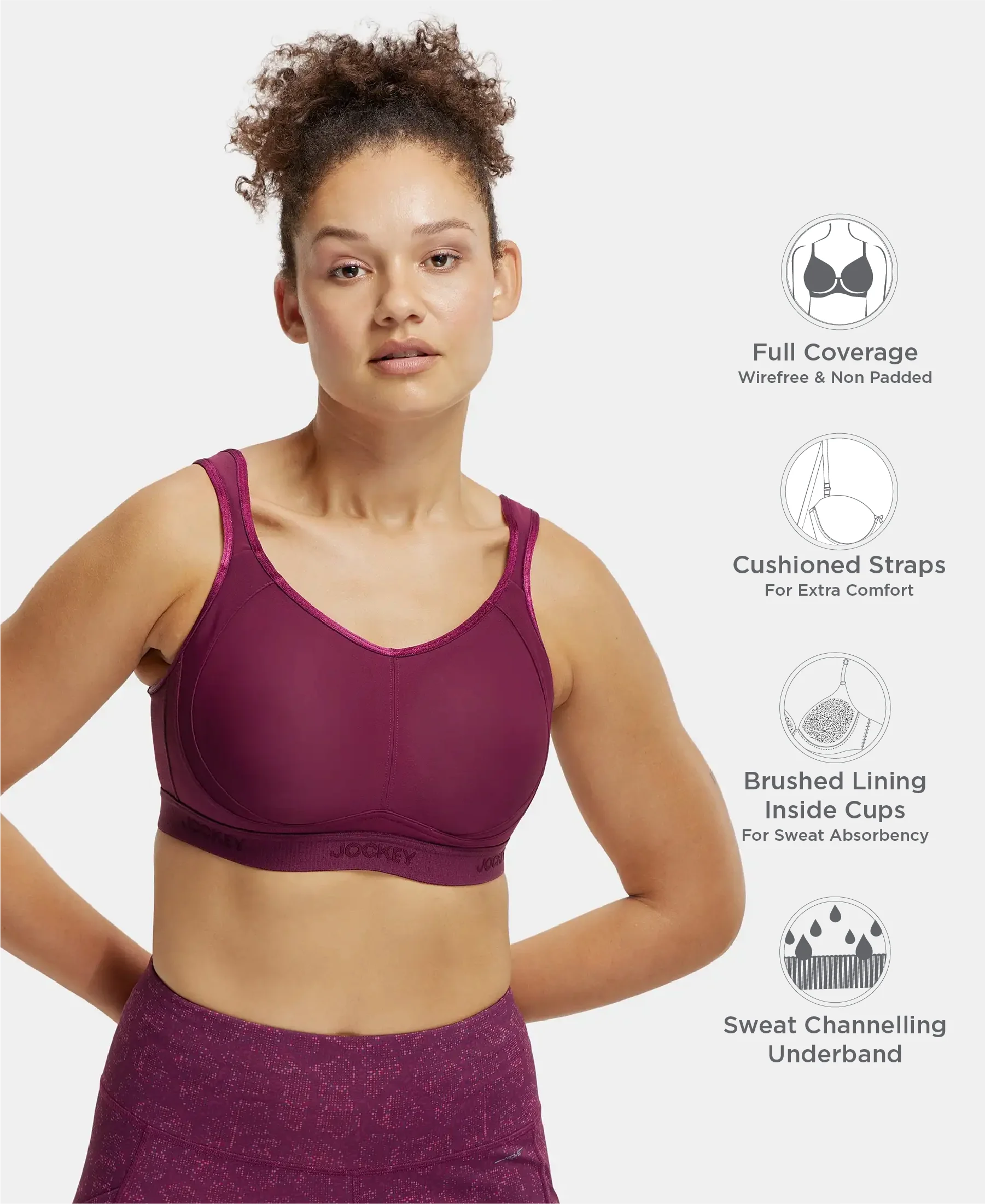Wirefree Non Padded Microfiber Elastane Stretch Full Coverage Sports Bra with StayDry Treatment - Grape Wine - Image 2