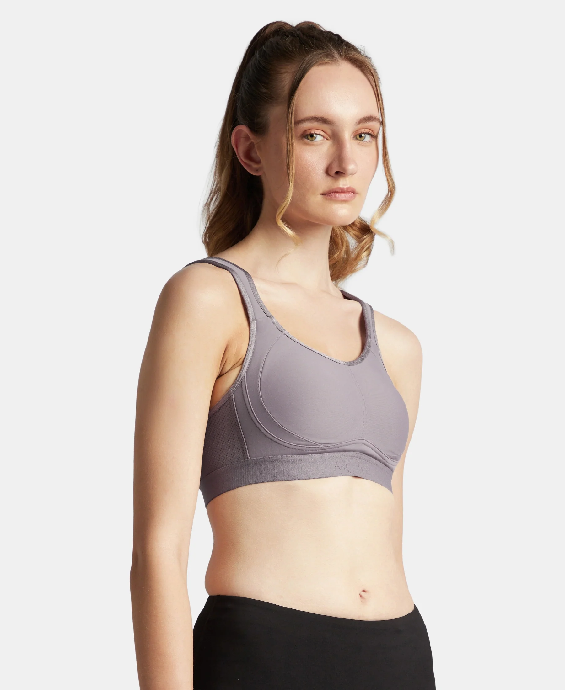 Wirefree Non Padded Plus Size Microfiber Elastane Stretch Full Coverage Sports Bra with StayDry Treatment - Minimal Grey - Image 2