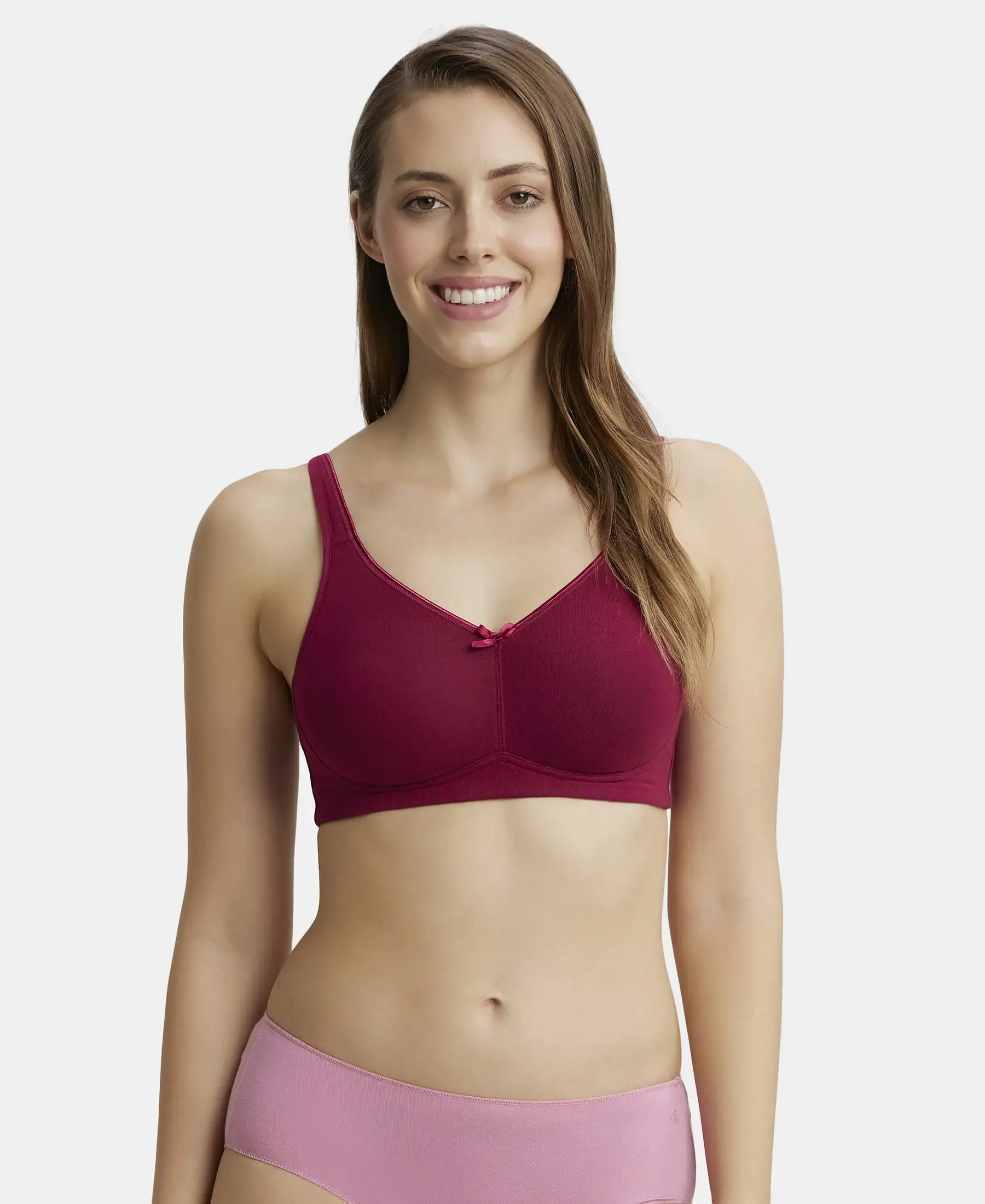 Wirefree Non Padded Plus Size Super Combed Cotton Elastane Stretch Full Coverage Everyday Bra with Concealed Shaper Panel - Beet Red