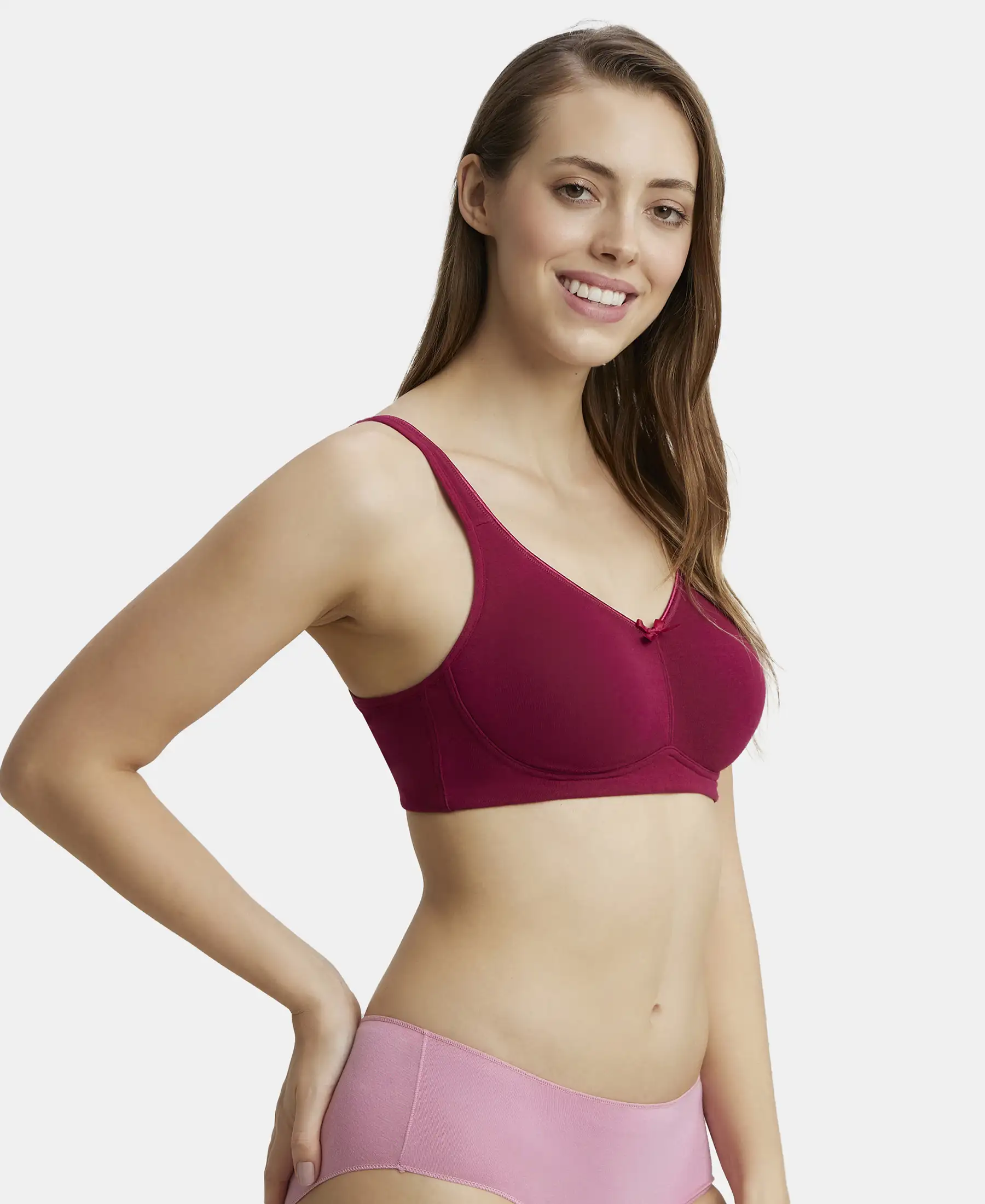 Wirefree Non Padded Plus Size Super Combed Cotton Elastane Stretch Full Coverage Everyday Bra with Concealed Shaper Panel - Beet Red - Image 2