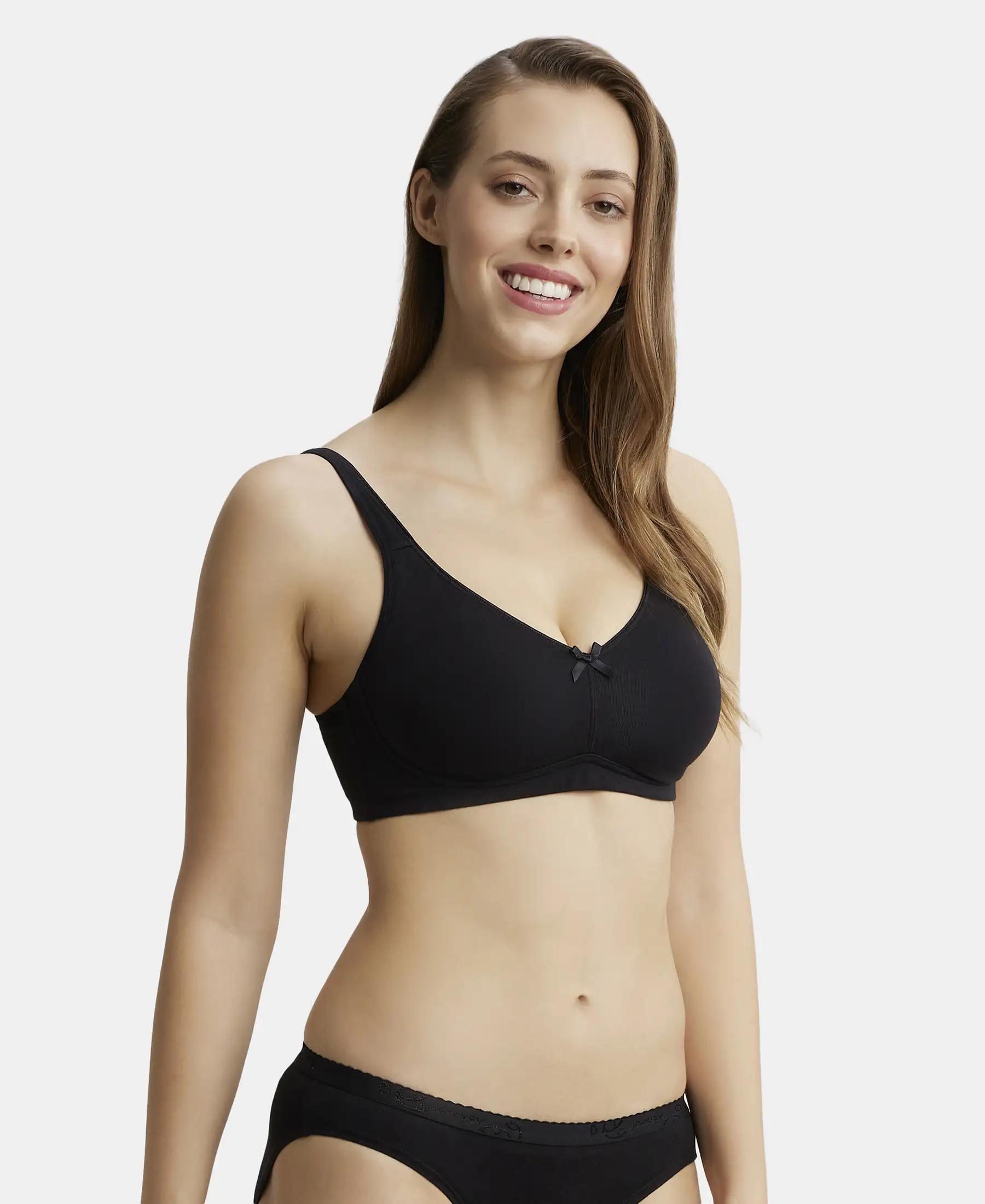 Wirefree Non Padded Plus Size Super Combed Cotton Elastane Stretch Full Coverage Everyday Bra with Concealed Shaper Panel - Black - Image 2