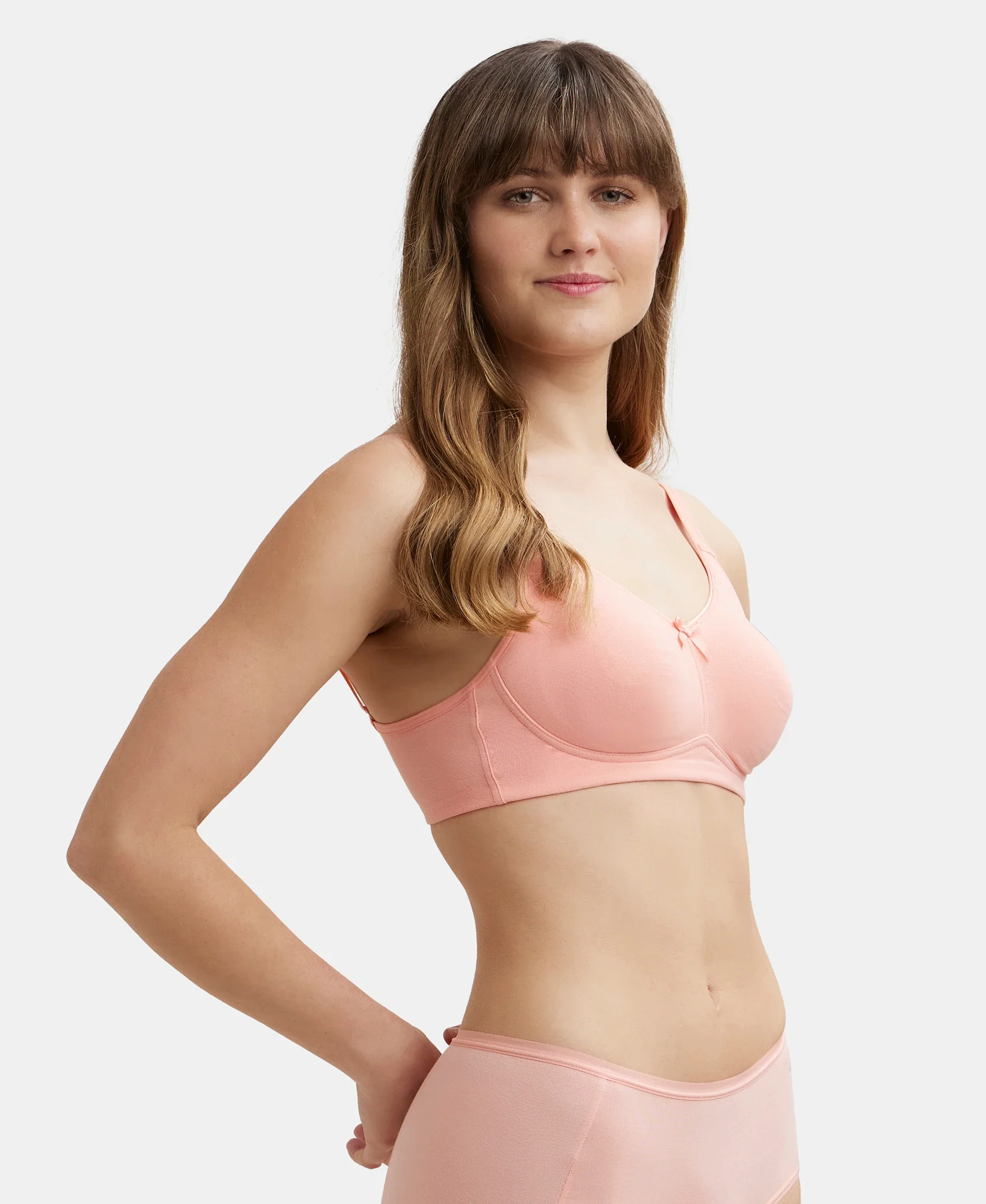 Wirefree Non Padded Super Combed Cotton Elastane Stretch Full Coverage Everyday Bra with Concealed Shaper Panel - Candlelight Peach - Image 2