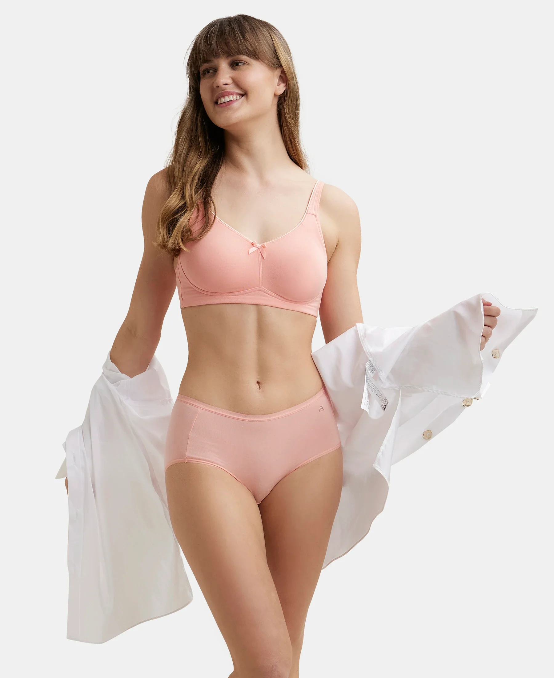 Wirefree Non Padded Super Combed Cotton Elastane Stretch Full Coverage Everyday Bra with Concealed Shaper Panel - Candlelight Peach - Image 6
