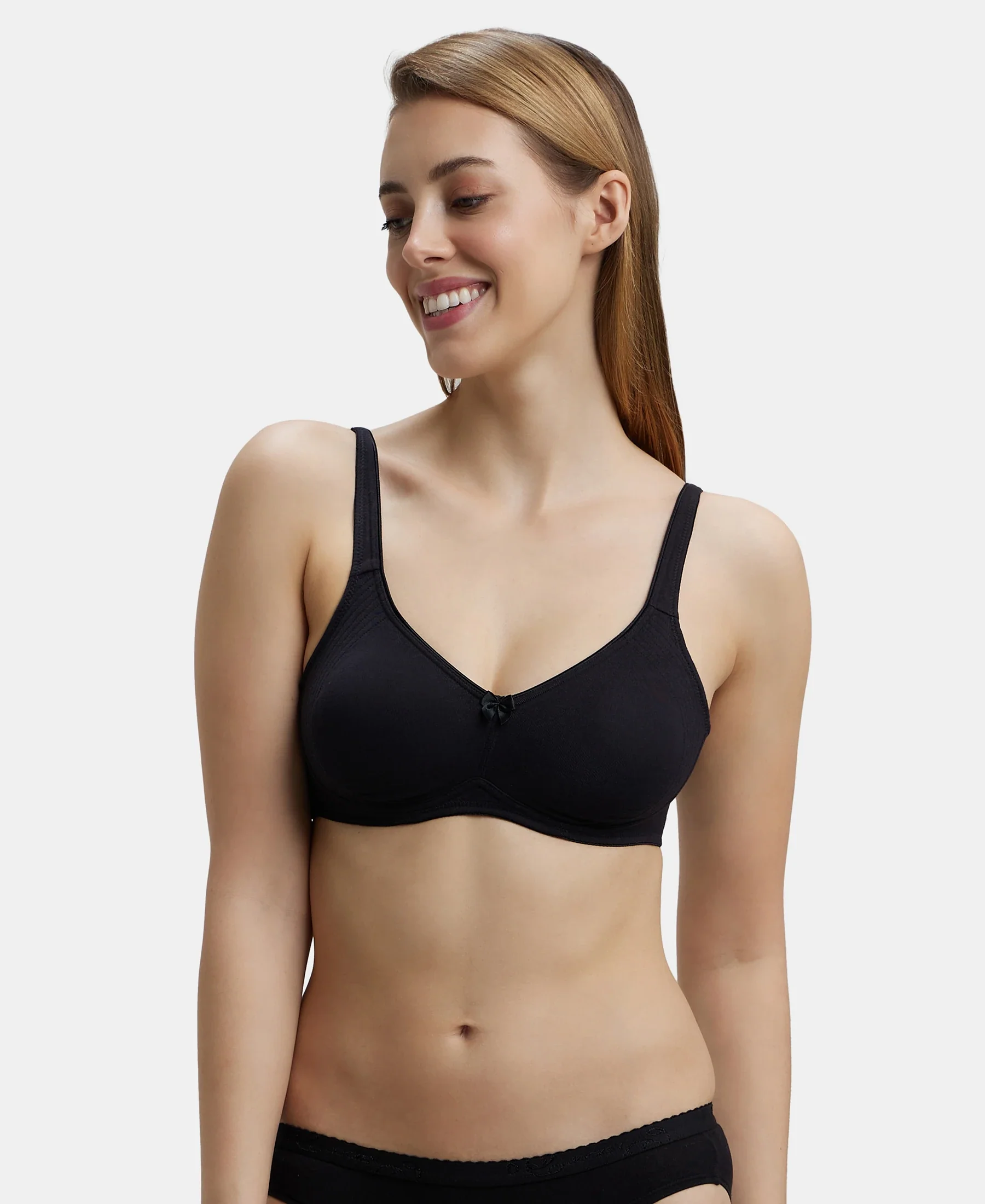 Wirefree Non Padded Super Combed Cotton Elastane Stretch Full Coverage Everyday Bra with Contoured Shaper Panel and Adjustable Straps - Black - Image 5