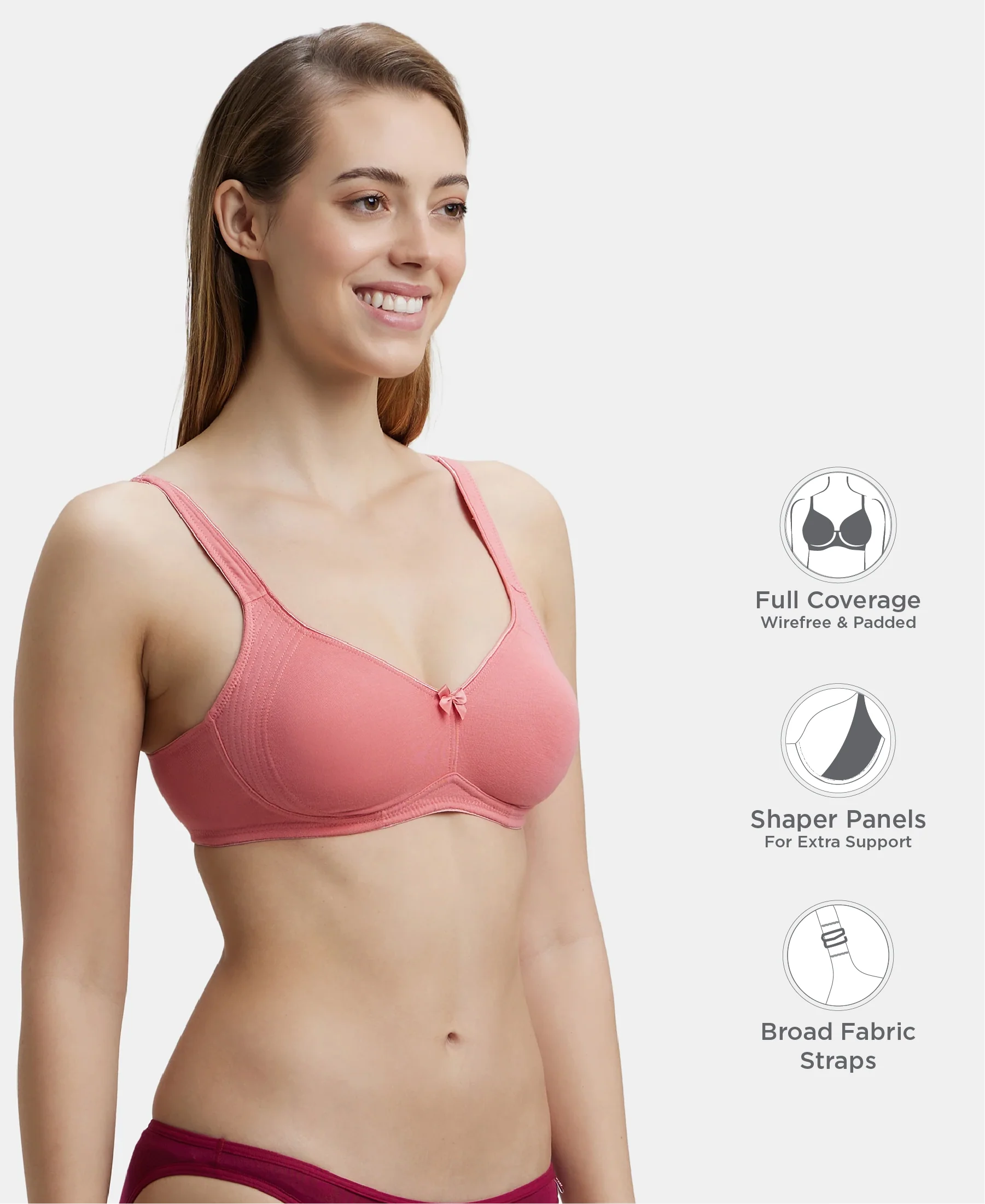 Wirefree Non Padded Plus Size Super Combed Cotton Elastane Stretch Full Coverage Everyday Bra with Contoured Shaper Panel and Adjustable Straps - Blush Pink - Image 2