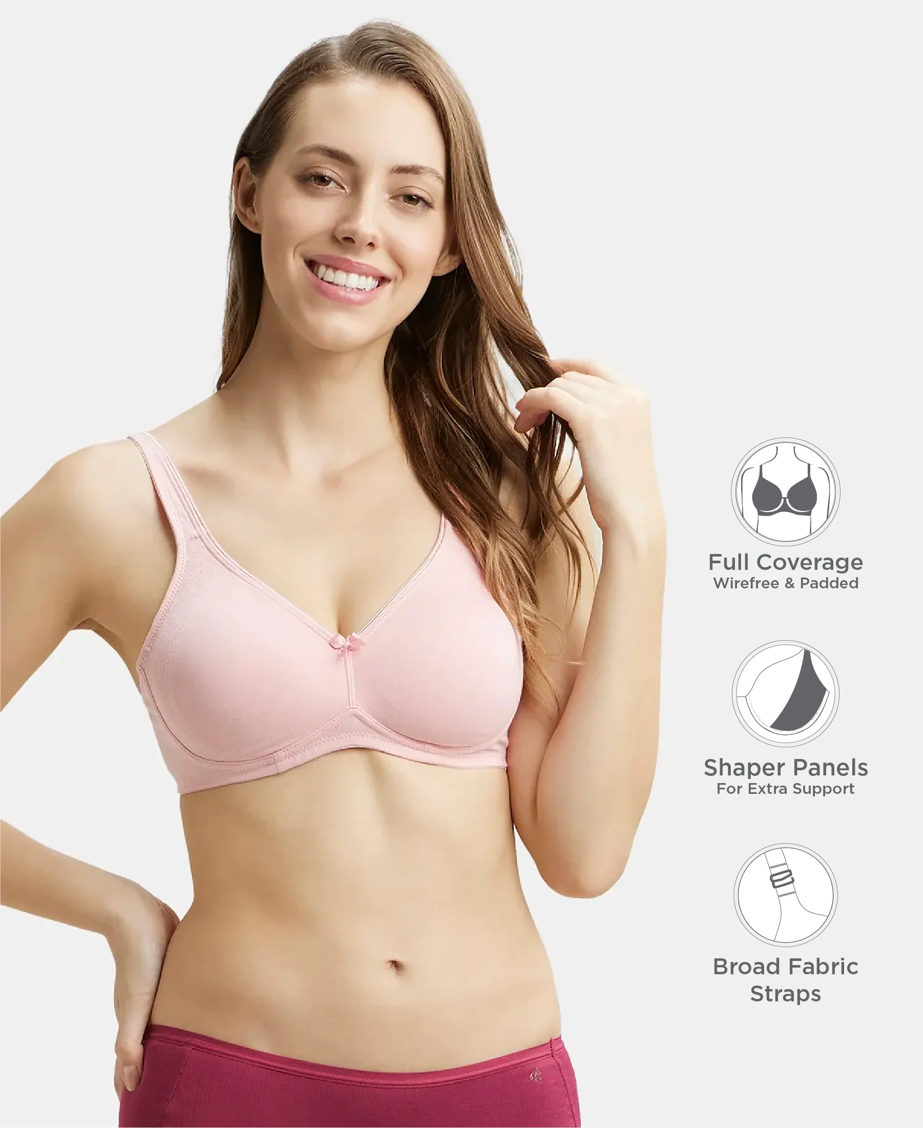 Wirefree Non Padded Plus Size Super Combed Cotton Elastane Stretch Full Coverage Everyday Bra with Contoured Shaper Panel and Adjustable Straps - Candy Pink - Image 2