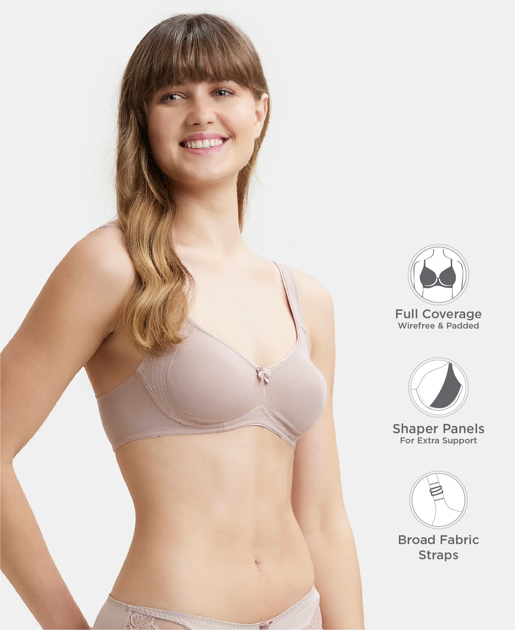 Wirefree Non Padded Plus Size Super Combed Cotton Elastane Stretch Full Coverage Everyday Bra with Contoured Shaper Panel and Adjustable Straps - Mocha - Image 2