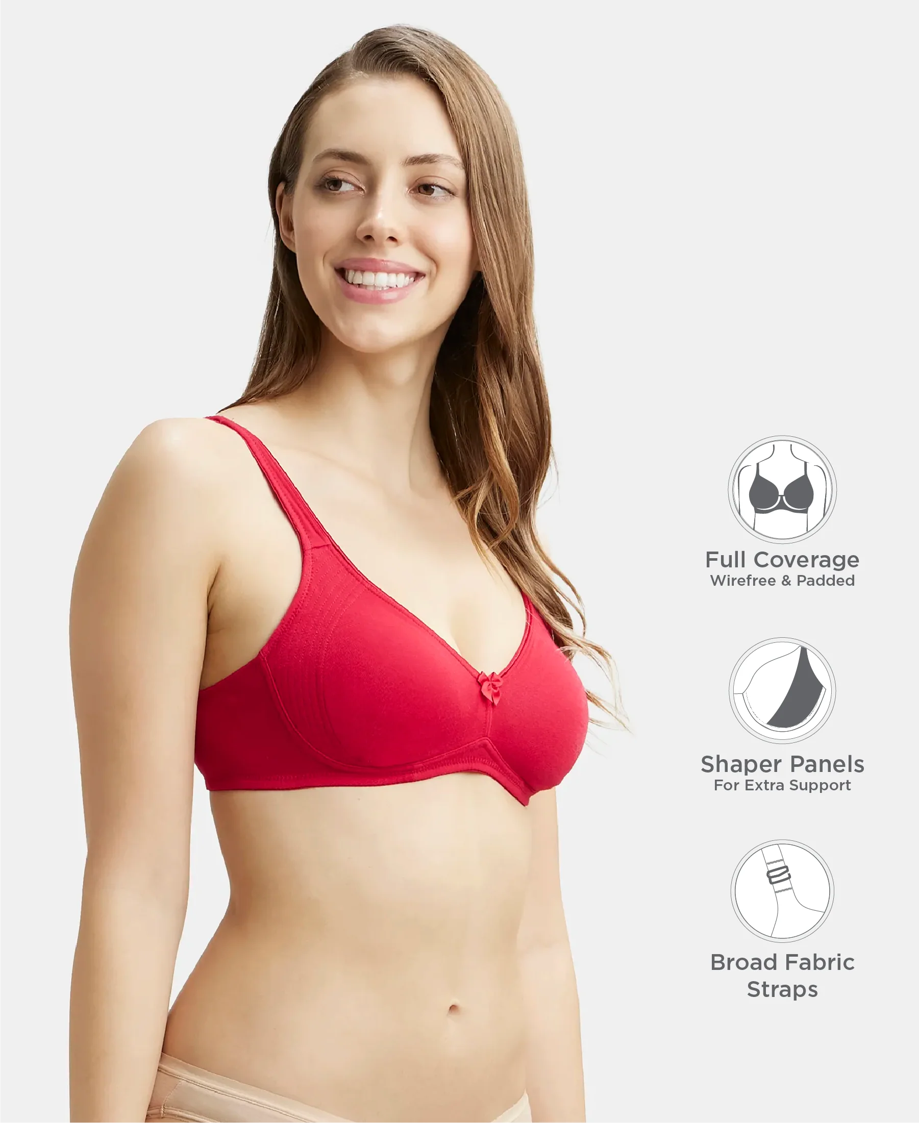 Wirefree Non Padded Plus Size Super Combed Cotton Elastane Stretch Full Coverage Everyday Bra with Contoured Shaper Panel and Adjustable Straps - Red Love - Image 2